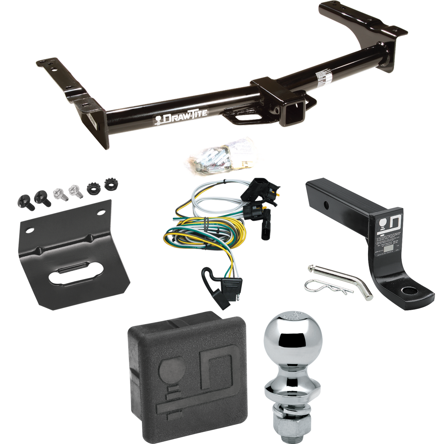 Fits 1995-2002 Ford E-250 Econoline Trailer Hitch Tow PKG w/ 4-Flat Wiring + Ball Mount w/ 4" Drop + 1-7/8" Ball + Wiring Bracket + Hitch Cover By Draw-Tite