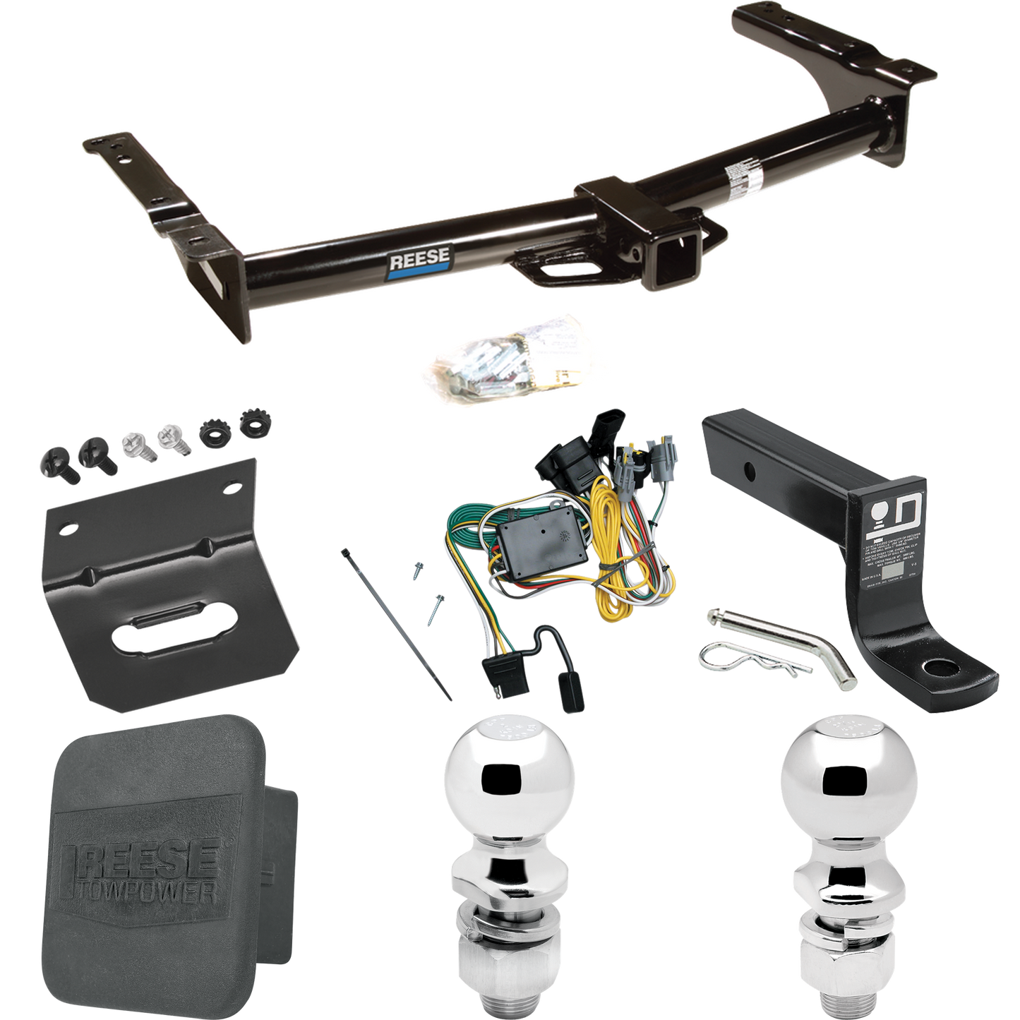 Fits 1992-1994 Ford E-150 Econoline Trailer Hitch Tow PKG w/ 4-Flat Wiring + Ball Mount w/ 4" Drop + 2" Ball + 2-5/16" Ball + Wiring Bracket + Hitch Cover By Reese Towpower