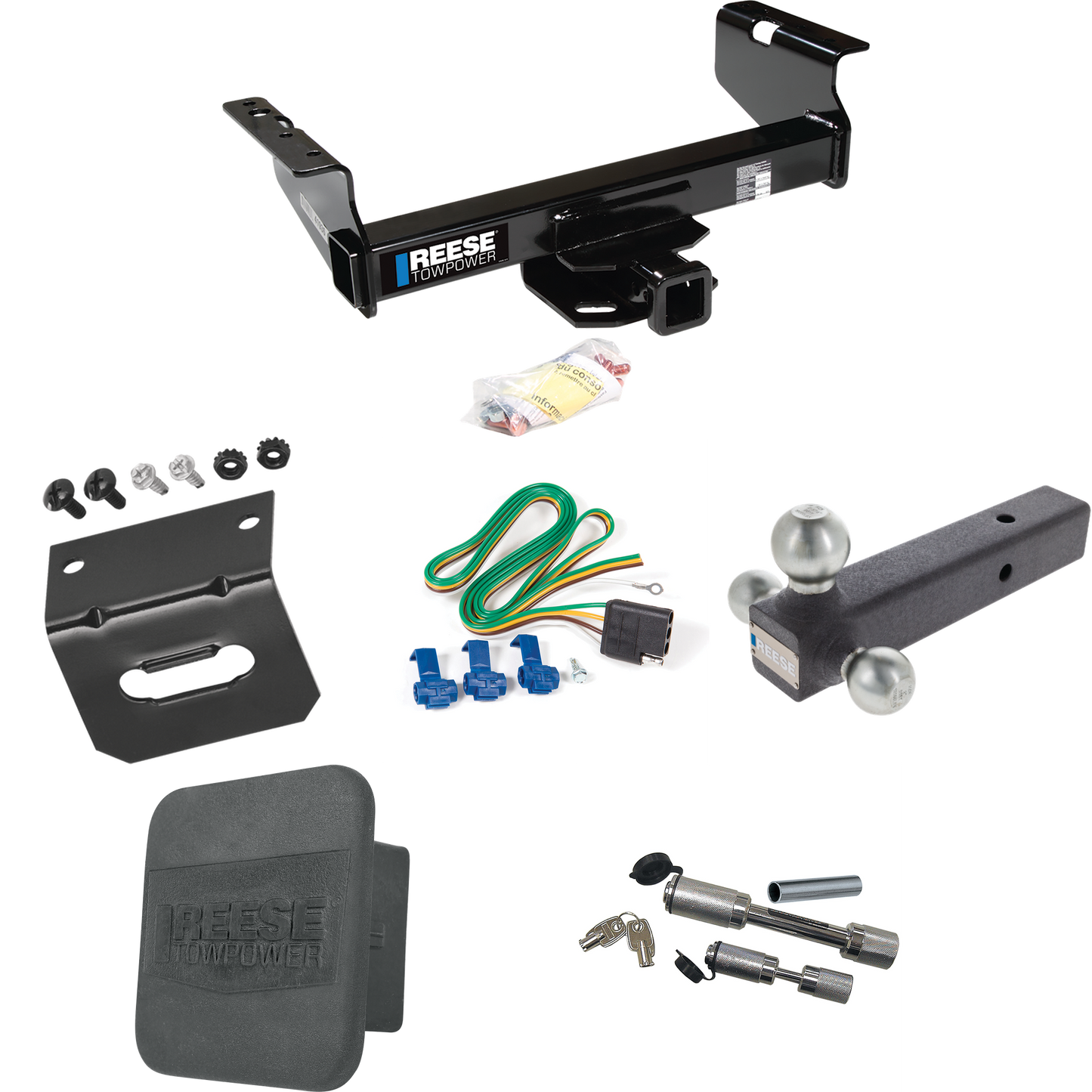 Fits 2011-2012 RAM 5500 Trailer Hitch Tow PKG w/ 4-Flat Wiring Harness + Triple Ball Ball Mount 1-7/8" & 2" & 2-5/16" Trailer Balls + Dual Hitch & Coupler Locks + Hitch Cover + Wiring Bracket (For Cab & Chassis, w/34" Wide Frames Models) By Reese Tow