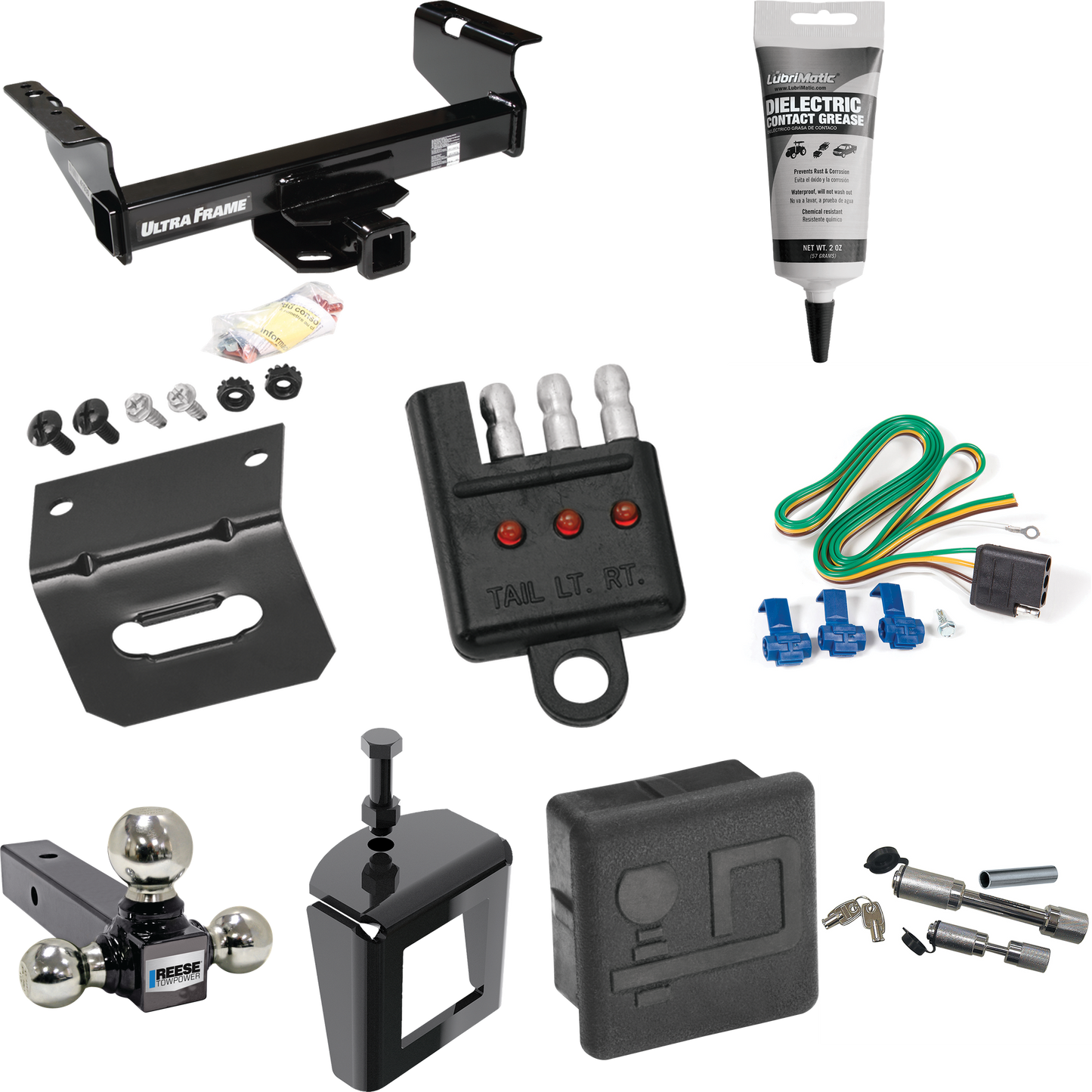 Fits 2011-2012 RAM 5500 Trailer Hitch Tow PKG w/ 4-Flat Wiring Harness + Triple Ball Ball Mount 1-7/8" & 2" & 2-5/16" Trailer Balls + Dual Hitch & Coupler Locks + Hitch Cover + Wiring Bracket + Wiring Tester + Electric Grease + Anti Rattle Device (Fo