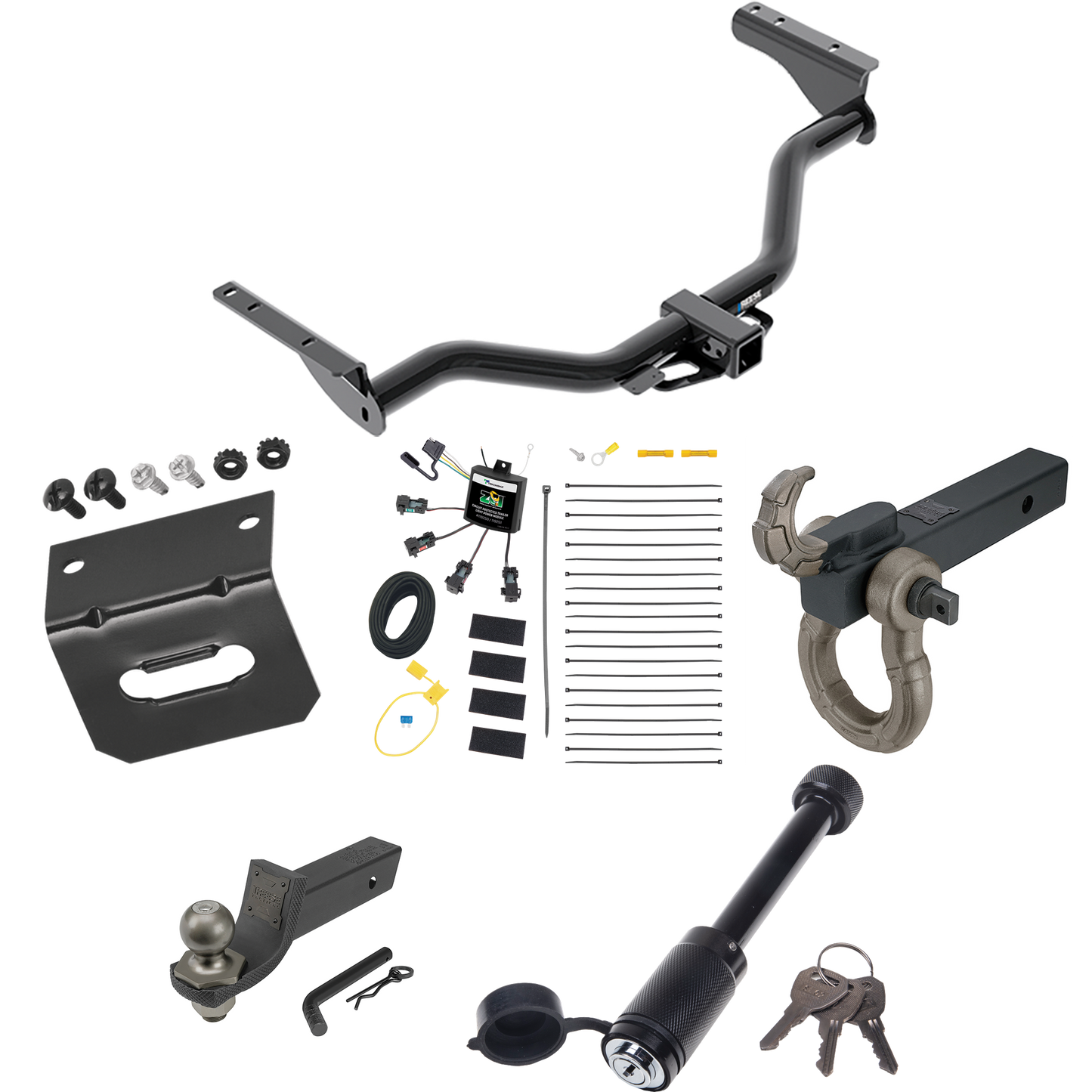 Fits 2013-2013 Infiniti JX35 Trailer Hitch Tow PKG w/ 4-Flat Zero Contact "No Splice" Wiring + Interlock Tactical Starter Kit w/ 2" Drop & 2" Ball + Tactical Hook & Shackle Mount + Tactical Dogbone Lock + Wiring Bracket By Reese Towpower