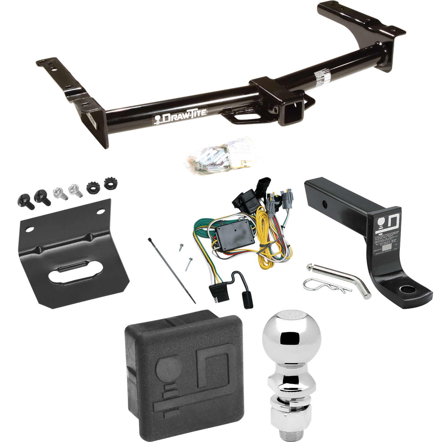 Fits 1992-1994 Ford E-350 Econoline Trailer Hitch Tow PKG w/ 4-Flat Wiring + Ball Mount w/ 4" Drop + 2-5/16" Ball + Wiring Bracket + Hitch Cover By Draw-Tite