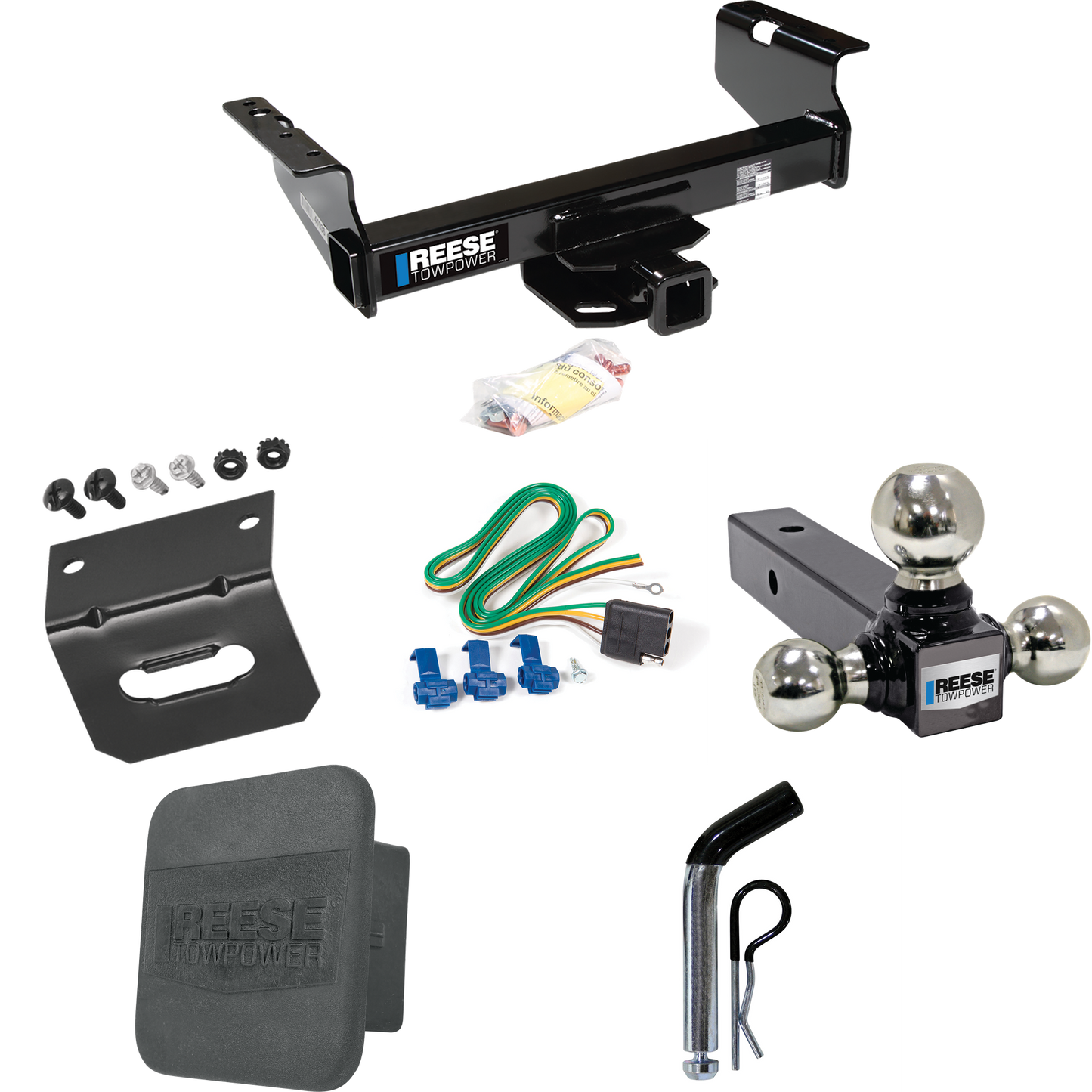 Fits 2011-2012 RAM 5500 Trailer Hitch Tow PKG w/ 4-Flat Wiring Harness + Triple Ball Ball Mount 1-7/8" & 2" & 2-5/16" Trailer Balls + Pin/Clip + Hitch Cover + Wiring Bracket (For Cab & Chassis, w/34" Wide Frames Models) By Reese Towpower