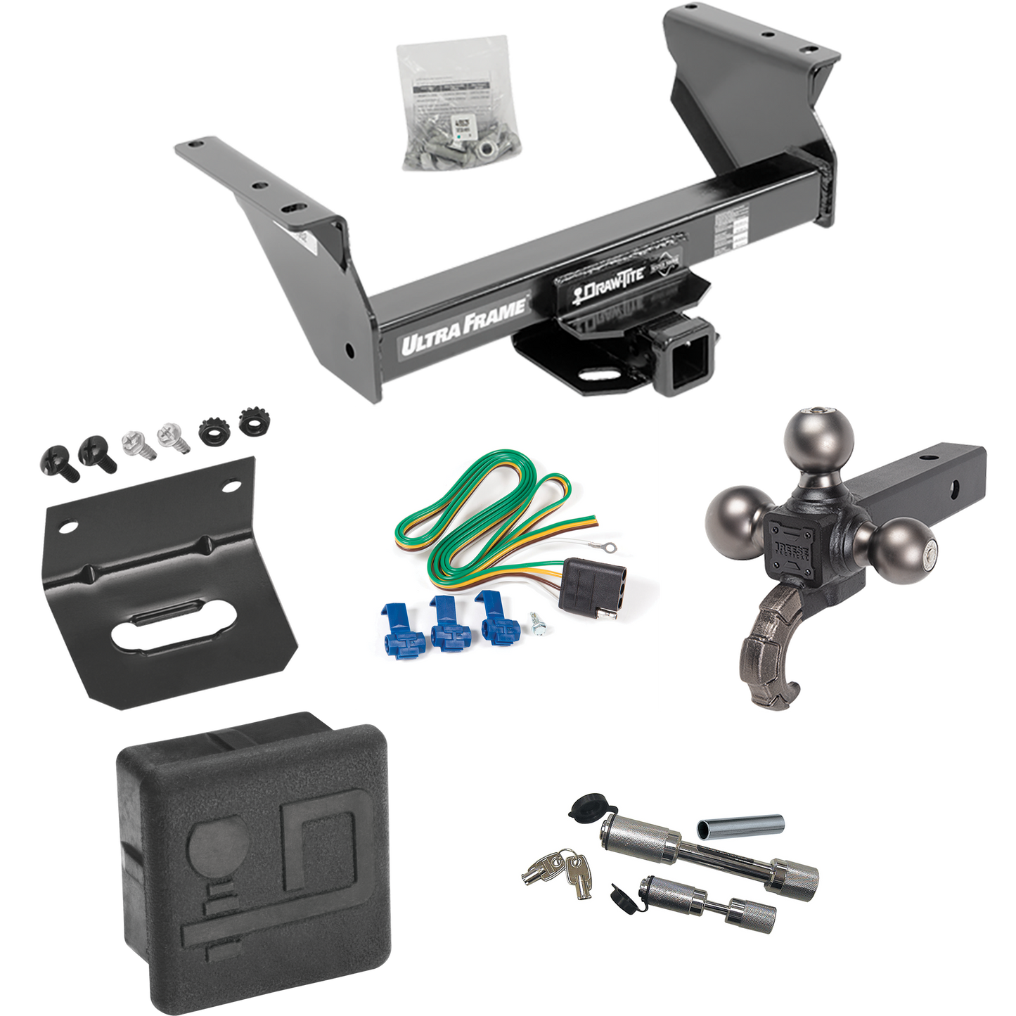 Fits 2013-2018 RAM 5500 Trailer Hitch Tow PKG w/ 4-Flat Wiring Harness + Triple Ball Ball Mount 1-7/8" & 2" & 2-5/16" Trailer Balls w/ Tow Hook + Dual Hitch & Coupler Locks + Hitch Cover + Wiring Bracket (For Cab & Chassis, w/34" Wide Frames Models)