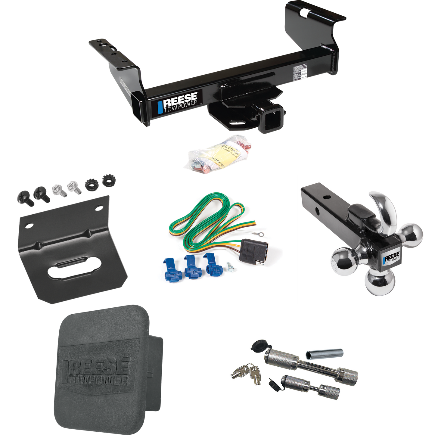 Fits 2011-2012 RAM 4500 Trailer Hitch Tow PKG w/ 4-Flat Wiring Harness + Triple Ball Ball Mount 1-7/8" & 2" & 2-5/16" Trailer Balls w/ Tow Hook + Dual Hitch & Coupler Locks + Hitch Cover + Wiring Bracket (For Cab & Chassis, w/34" Wide Frames Models)