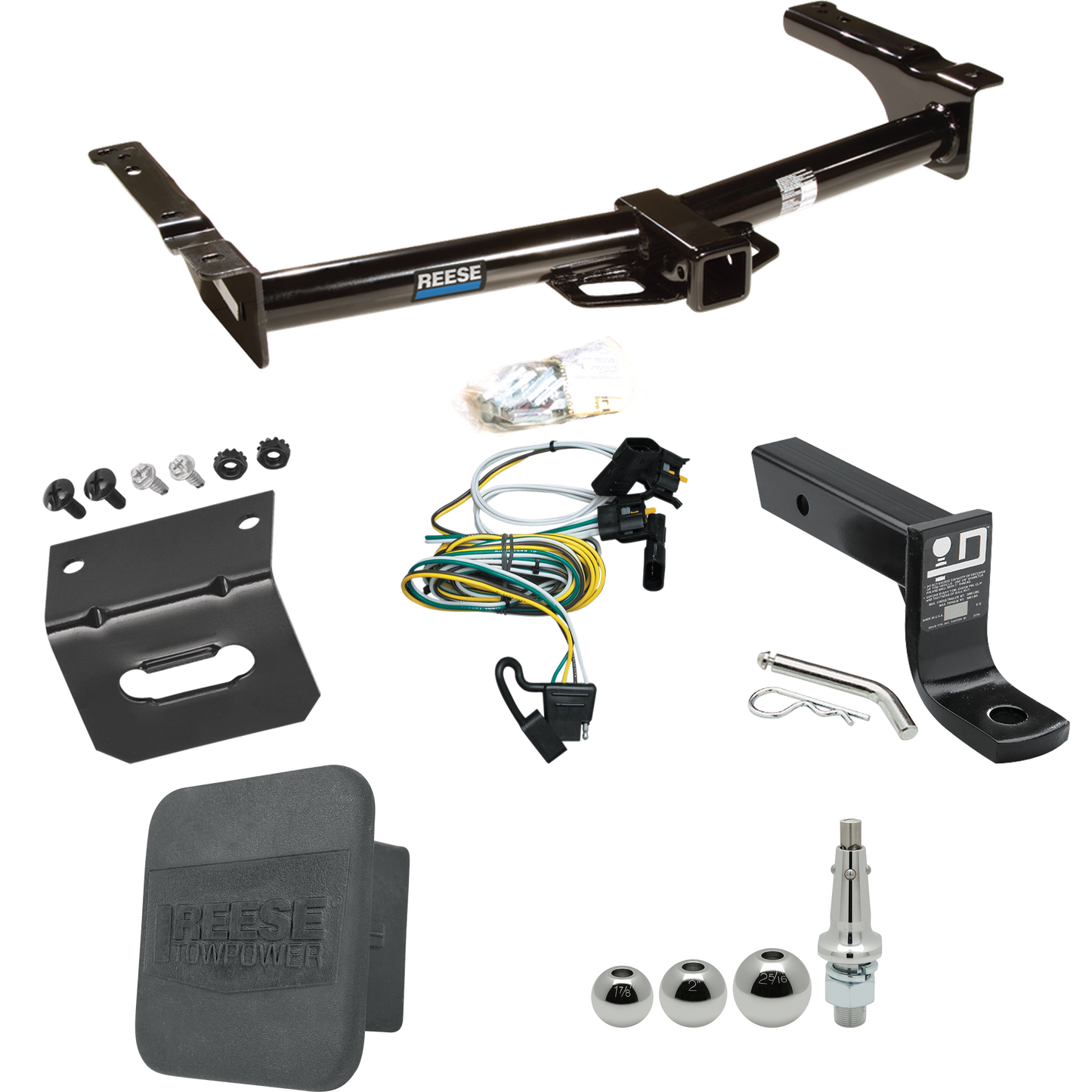 Fits 1995-2002 Ford E-250 Econoline Trailer Hitch Tow PKG w/ 4-Flat Wiring + Ball Mount w/ 4" Drop + Interchangeable Ball 1-7/8" & 2" & 2-5/16" + Wiring Bracket + Hitch Cover By Reese Towpower