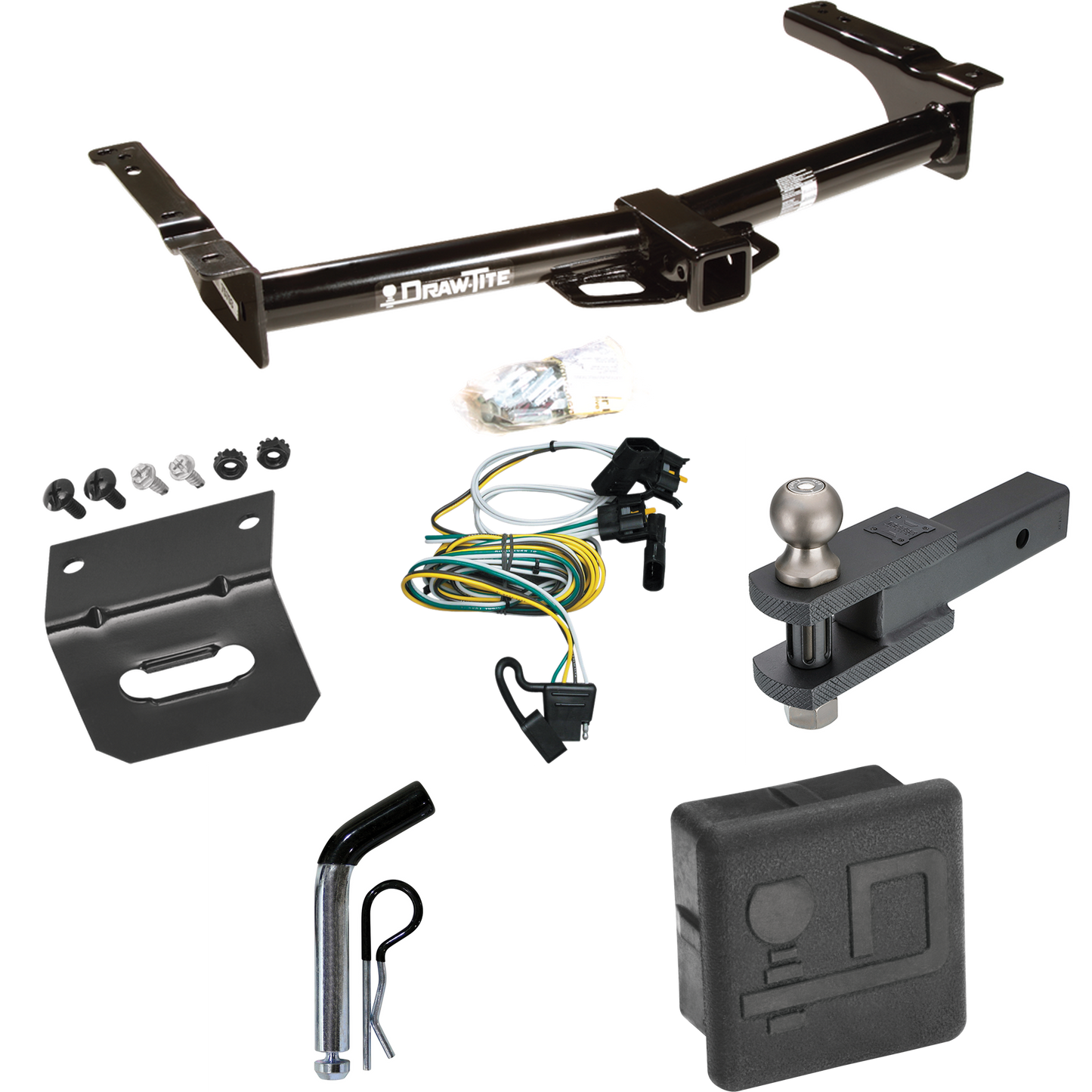 Fits 1995-2002 Ford E-350 Econoline Trailer Hitch Tow PKG w/ 4-Flat Wiring + Clevis Hitch Ball Mount w/ 2" Ball + Pin/Clip + Wiring Bracket + Hitch Cover By Draw-Tite