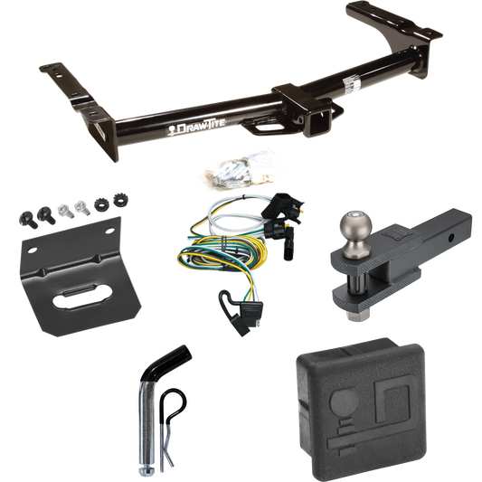 Fits 1995-2002 Ford E-350 Econoline Trailer Hitch Tow PKG w/ 4-Flat Wiring + Clevis Hitch Ball Mount w/ 2" Ball + Pin/Clip + Wiring Bracket + Hitch Cover By Draw-Tite