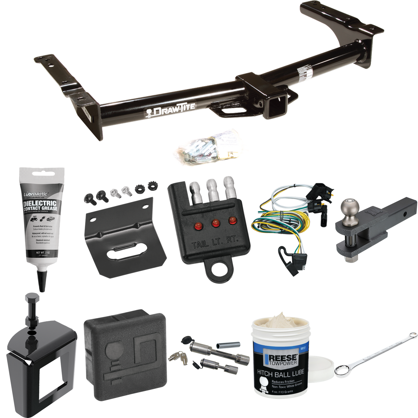 Fits 1995-2002 Ford E-150 Econoline Trailer Hitch Tow PKG w/ 4-Flat Wiring + Clevis Hitch Ball Mount w/ 2" Ball + Wiring Bracket + Hitch Cover + Dual Hitch & Coupler Locks + Wiring Tester + Ball Lube + Electric Grease + Ball Wrench + Anti Rattle Devi