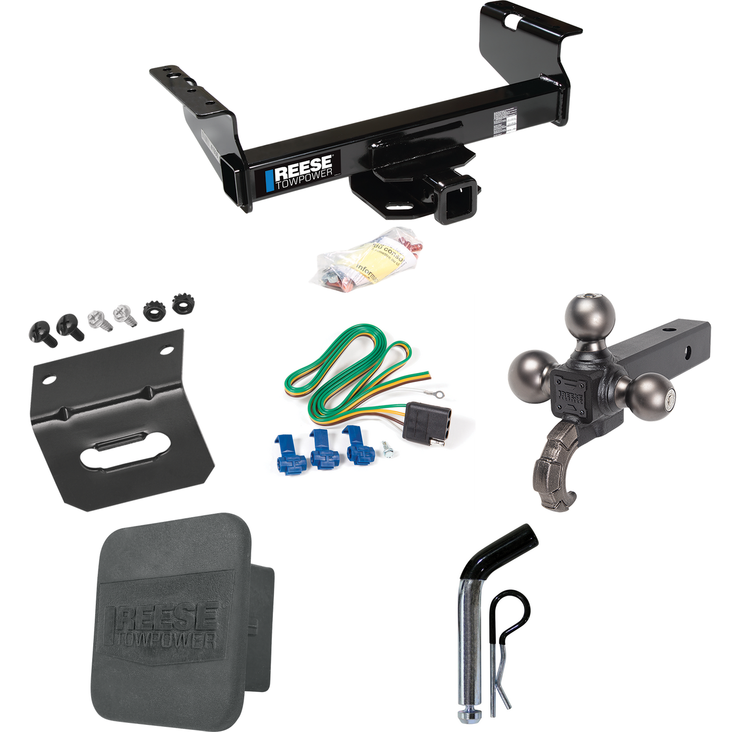 Fits 2011-2012 RAM 4500 Trailer Hitch Tow PKG w/ 4-Flat Wiring Harness + Triple Ball Ball Mount 1-7/8" & 2" & 2-5/16" Trailer Balls w/ Tow Hook + Pin/Clip + Hitch Cover + Wiring Bracket (For Cab & Chassis, w/34" Wide Frames Models) By Reese Towpower