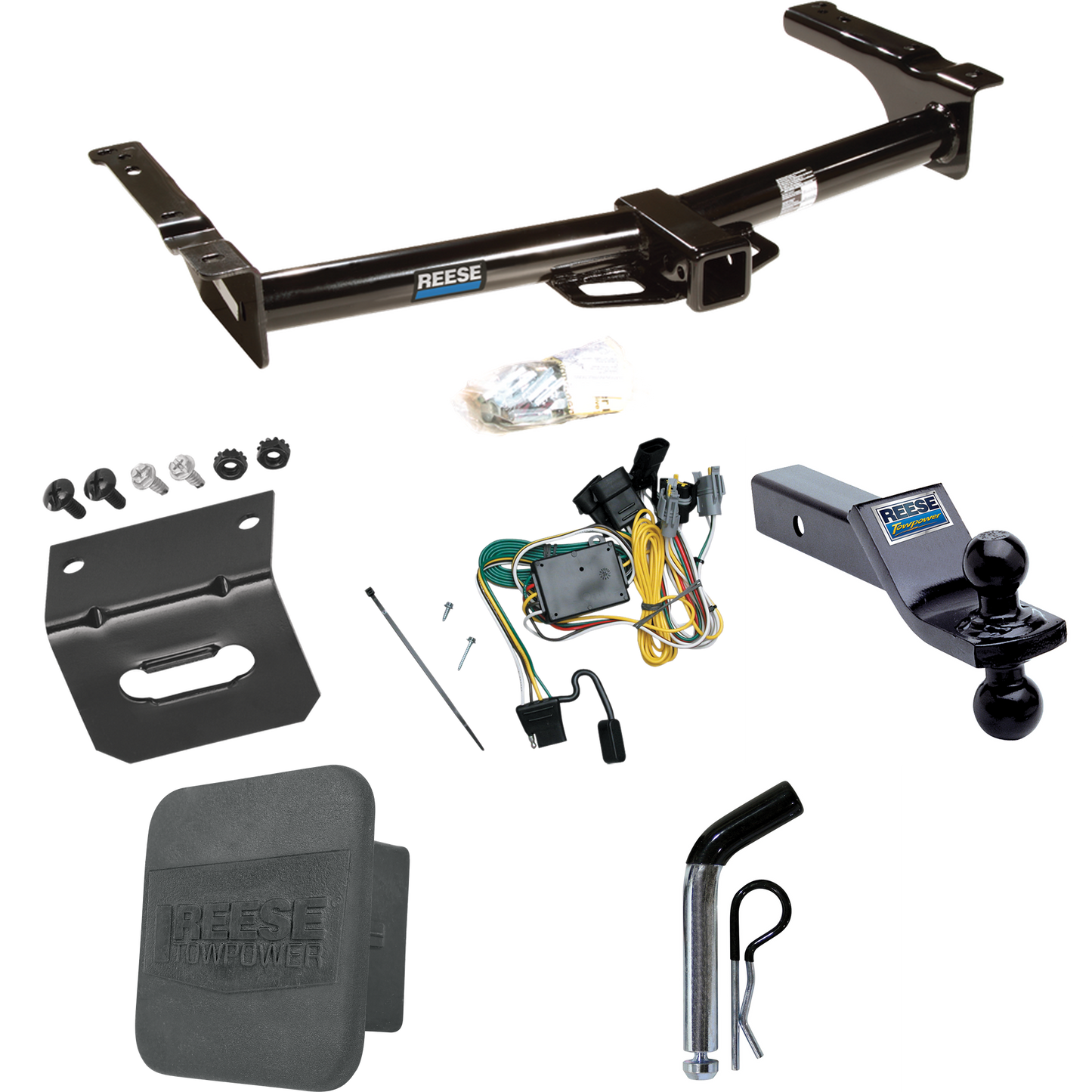 Se adapta al paquete de enganche de remolque Ford E-350 Econoline 1992-1994 con 4 cables planos + soporte de bola doble de 1-7/8" y 2" bolas de remolque + pasador/clip + soporte de cableado + cubierta de enganche de Reese Towpower