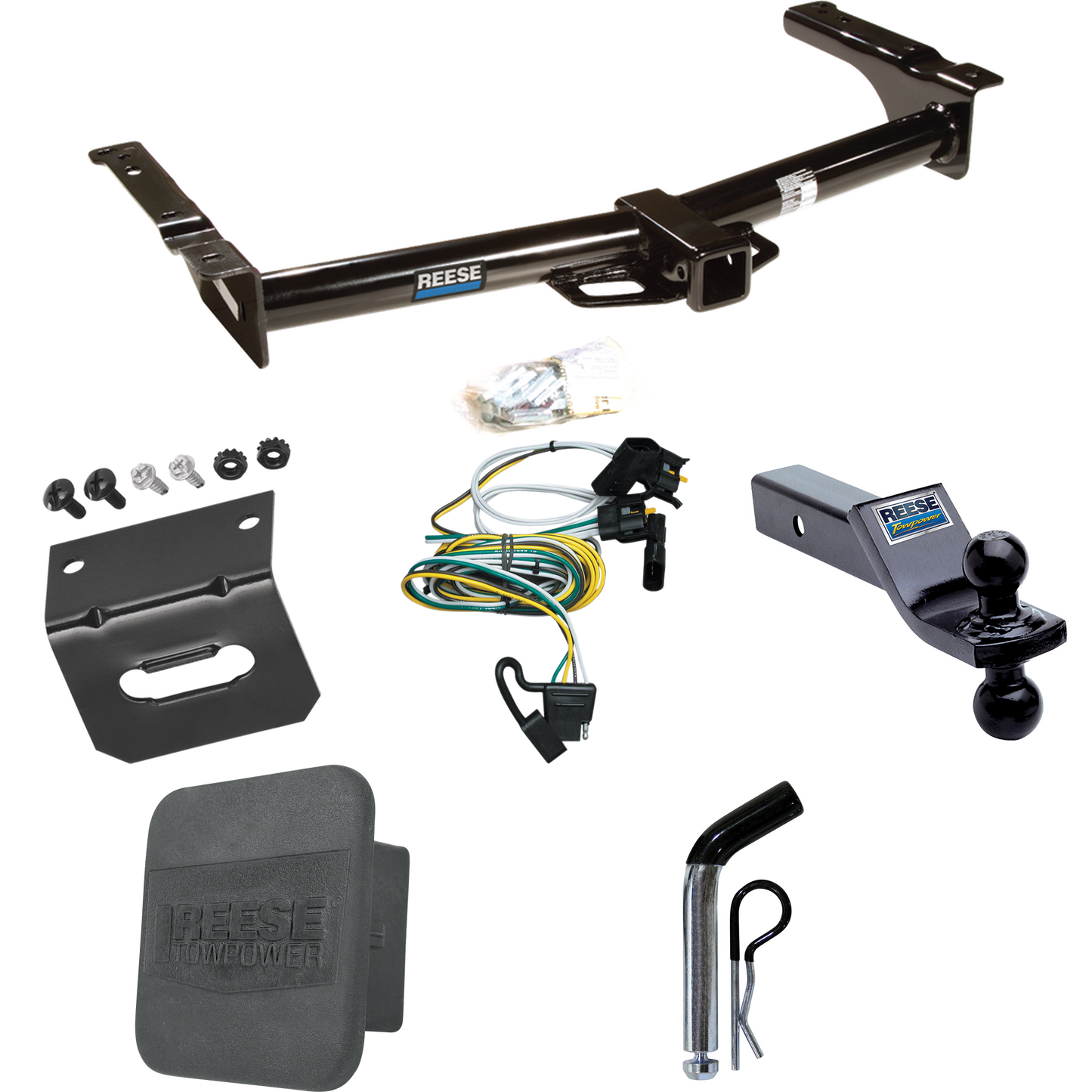 Se adapta al paquete de enganche de remolque Ford E-150 Econoline 1995-2002 con 4 cables planos + soporte de bola doble de 1-7/8" y 2" bolas de remolque + pasador/clip + soporte de cableado + cubierta de enganche de Reese Towpower