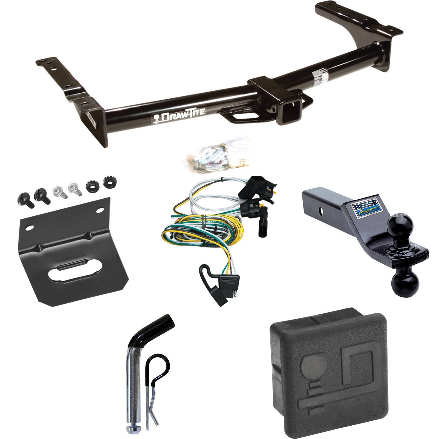 Se adapta al paquete de enganche de remolque Ford E-250 Econoline 1995-2002 con 4 cables planos + soporte de bola doble bolas de remolque de 1-7/8" y 2" + pasador/clip + soporte de cableado + cubierta de enganche de Draw-Tite