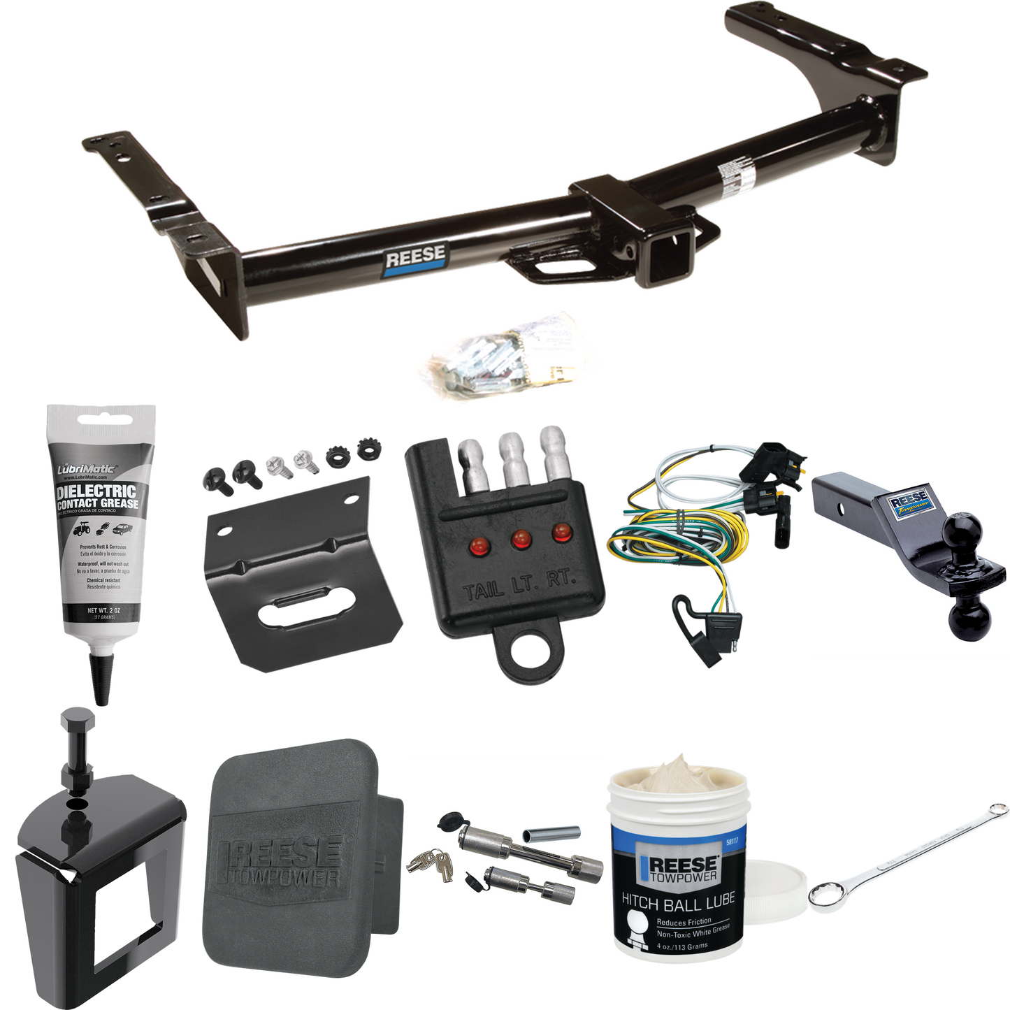 Fits 1995-2002 Ford E-350 Econoline Trailer Hitch Tow PKG w/ 4-Flat Wiring + Dual Ball Ball Mount 1-7/8" & 2" Trailer Balls + Wiring Bracket + Hitch Cover + Dual Hitch & Coupler Locks + Wiring Tester + Ball Lube + Electric Grease + Ball Wrench + Anti