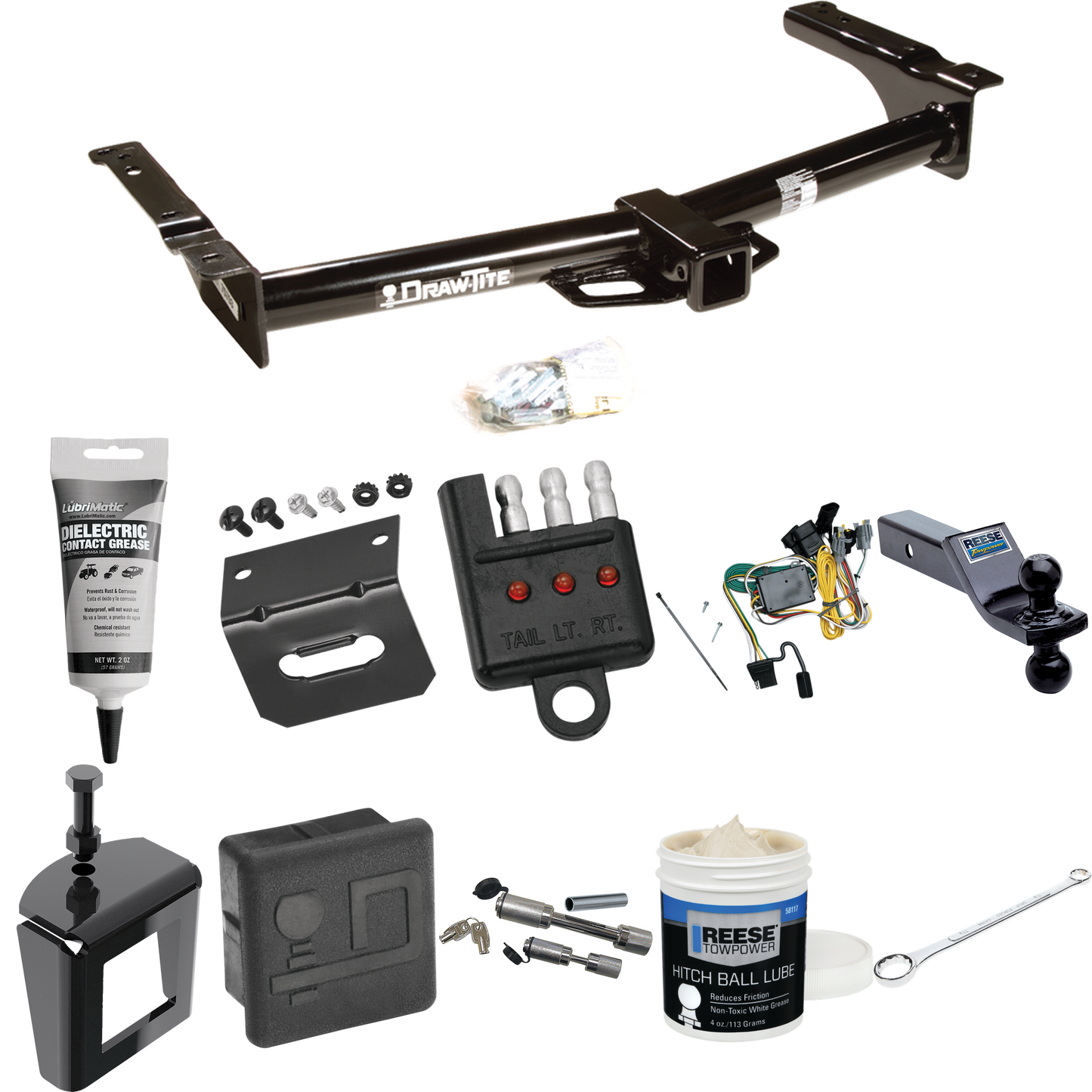 Fits 1992-1994 Ford E-350 Econoline Trailer Hitch Tow PKG w/ 4-Flat Wiring + Dual Ball Ball Mount 1-7/8" & 2" Trailer Balls + Wiring Bracket + Hitch Cover + Dual Hitch & Coupler Locks + Wiring Tester + Ball Lube + Electric Grease + Ball Wrench + Anti