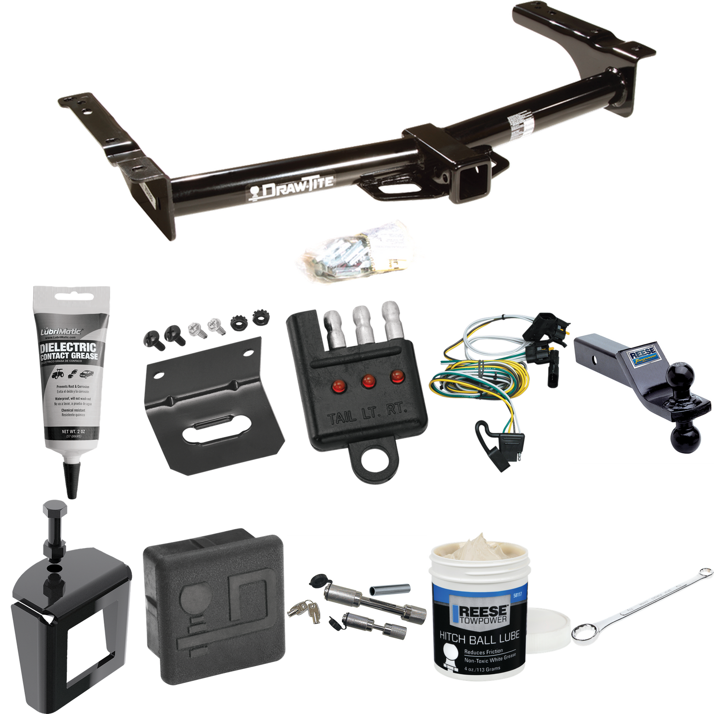 Fits 1995-2002 Ford E-150 Econoline Trailer Hitch Tow PKG w/ 4-Flat Wiring + Dual Ball Ball Mount 1-7/8" & 2" Trailer Balls + Wiring Bracket + Hitch Cover + Dual Hitch & Coupler Locks + Wiring Tester + Ball Lube + Electric Grease + Ball Wrench + Anti