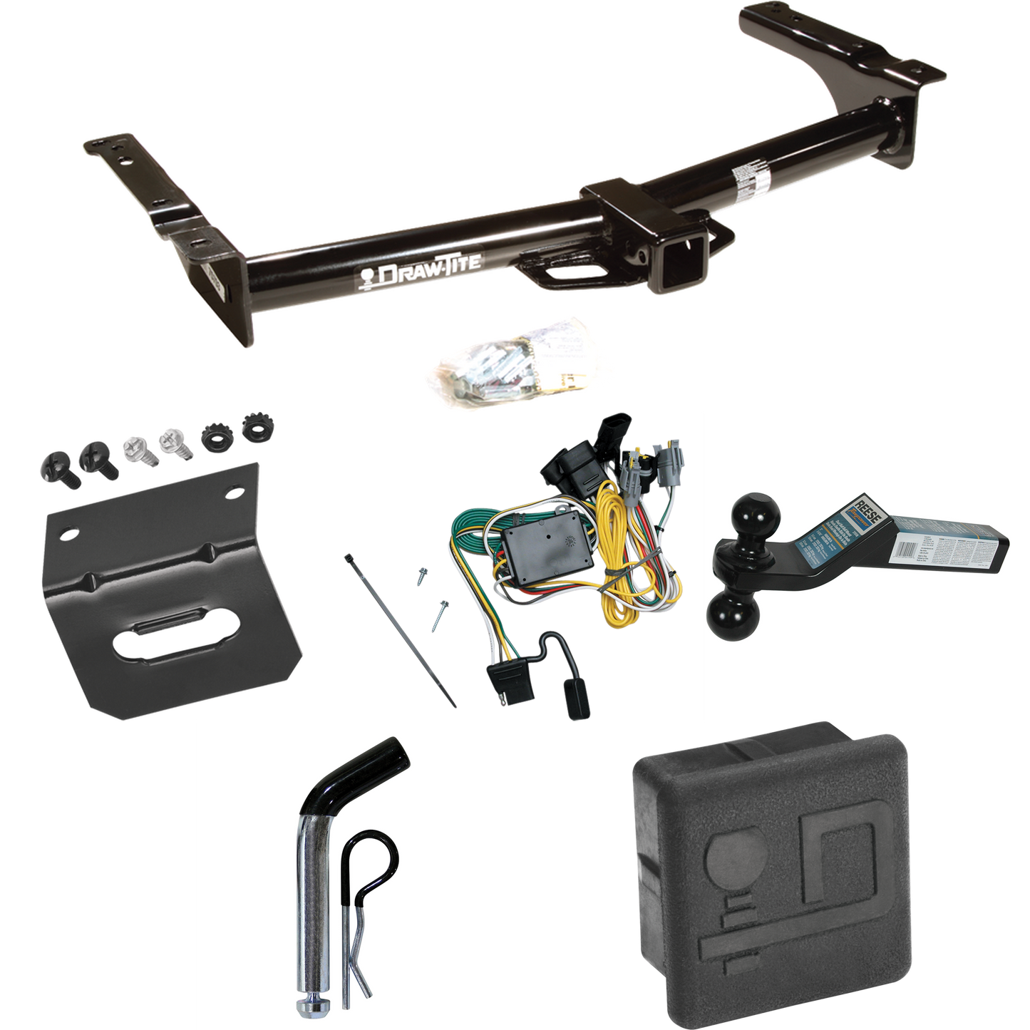 Fits 1992-1994 Ford E-350 Econoline Trailer Hitch Tow PKG w/ 4-Flat Wiring + Dual Ball Ball Mount 2" & 2-5/16" Trailer Balls + Pin/Clip + Wiring Bracket + Hitch Cover By Draw-Tite