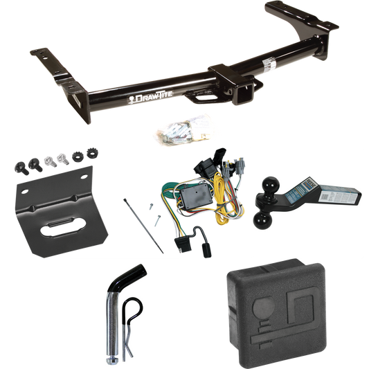 Fits 1992-1994 Ford E-350 Econoline Trailer Hitch Tow PKG w/ 4-Flat Wiring + Dual Ball Ball Mount 2" & 2-5/16" Trailer Balls + Pin/Clip + Wiring Bracket + Hitch Cover By Draw-Tite