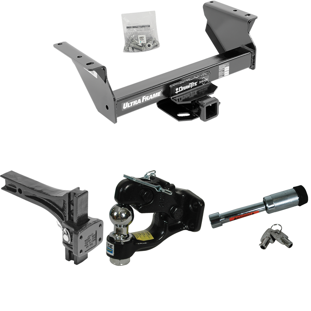 Fits 2013-2018 RAM 5500 Trailer Hitch Tow PKG w/ Adjustable Pintle Hook Mounting Plate + Pintle Hook & 1-7/8" Ball Combination + Hitch Lock (For Cab & Chassis, w/34" Wide Frames Models) By Draw-Tite