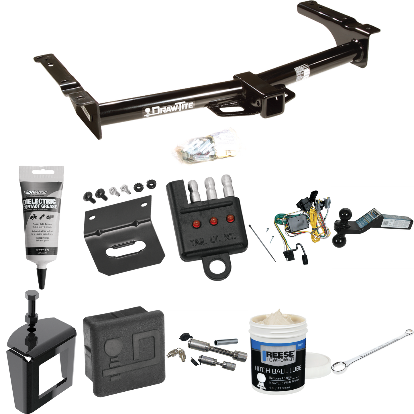 Fits 1992-1994 Ford E-250 Econoline Trailer Hitch Tow PKG w/ 4-Flat Wiring + Dual Ball Ball Mount 2" & 2-5/16" Trailer Balls + Wiring Bracket + Hitch Cover + Dual Hitch & Coupler Locks + Wiring Tester + Ball Lube + Electric Grease + Ball Wrench + Ant