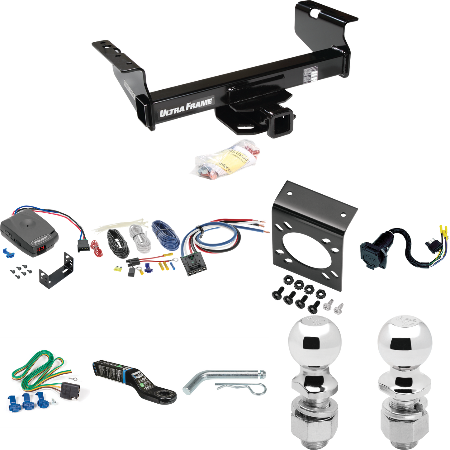 Fits 2011-2012 RAM 5500 Trailer Hitch Tow PKG w/ Pro Series Pilot Brake Control + Generic BC Wiring Adapter + 7-Way RV Wiring + 2" & 2-5/16" Ball & Drop Mount (For Cab & Chassis, w/34" Wide Frames Models) By Draw-Tite