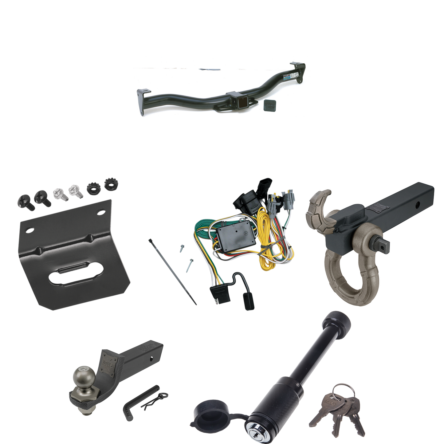 Fits 1992-1994 Ford E-350 Econoline Trailer Hitch Tow PKG w/ 4-Flat Wiring + Interlock Tactical Starter Kit w/ 2" Drop & 2" Ball + Tactical Hook & Shackle Mount + Tactical Dogbone Lock + Wiring Bracket By Reese Towpower