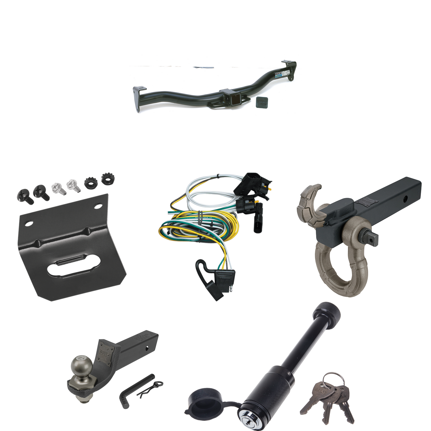 Fits 1995-2002 Ford E-250 Econoline Trailer Hitch Tow PKG w/ 4-Flat Wiring + Interlock Tactical Starter Kit w/ 2" Drop & 2" Ball + Tactical Hook & Shackle Mount + Tactical Dogbone Lock + Wiring Bracket By Reese Towpower