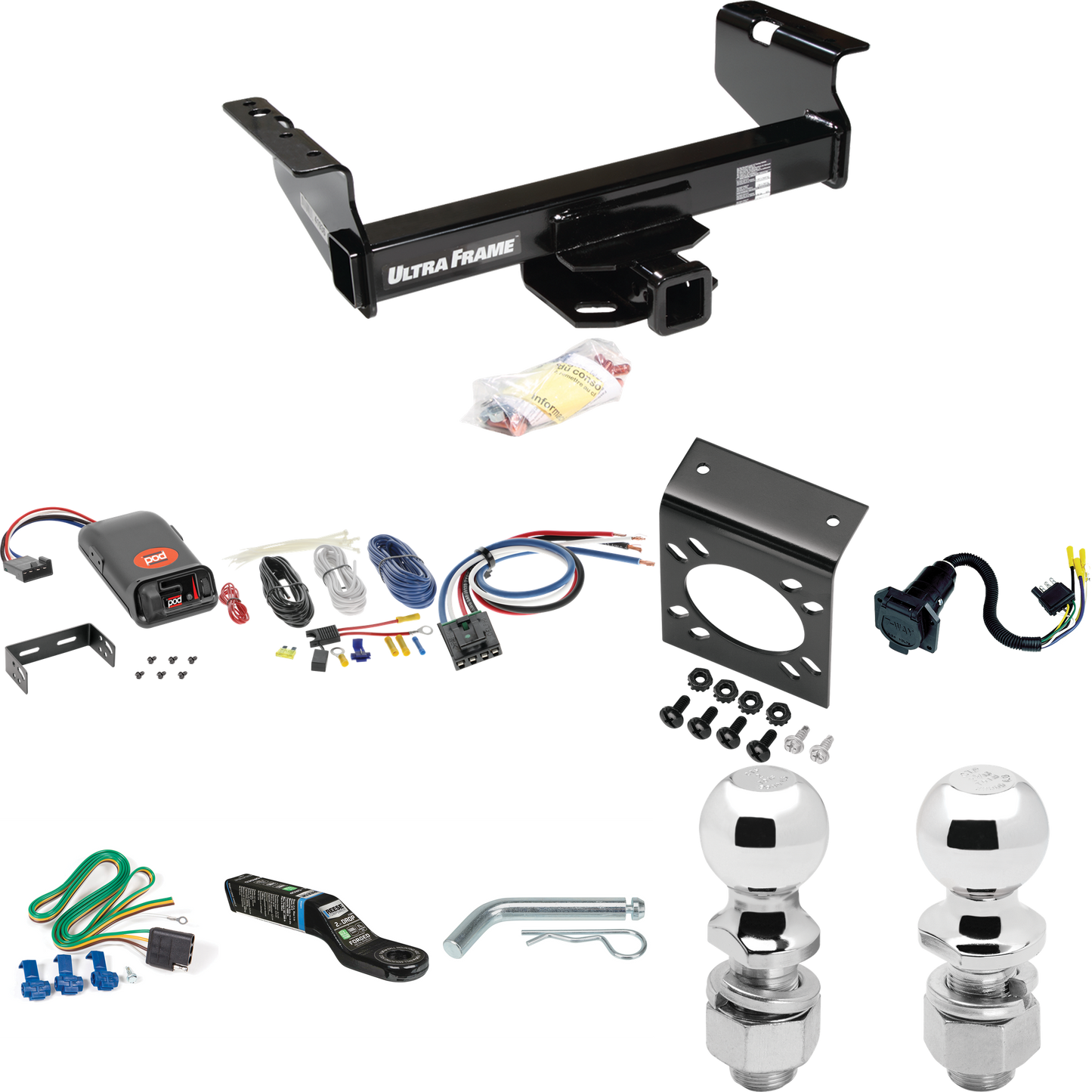 Fits 2011-2012 RAM 4500 Trailer Hitch Tow PKG w/ Pro Series POD Brake Control + Generic BC Wiring Adapter + 7-Way RV Wiring + 2" & 2-5/16" Ball & Drop Mount (For Cab & Chassis, w/34" Wide Frames Models) By Draw-Tite