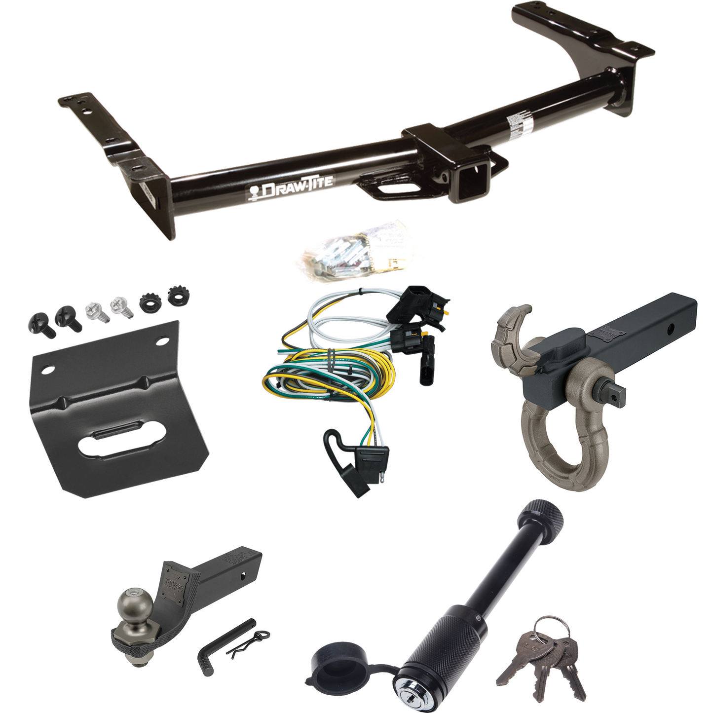 Fits 1995-2002 Ford E-350 Econoline Trailer Hitch Tow PKG w/ 4-Flat Wiring + Interlock Tactical Starter Kit w/ 2" Drop & 2" Ball + Tactical Hook & Shackle Mount + Tactical Dogbone Lock + Wiring Bracket By Draw-Tite