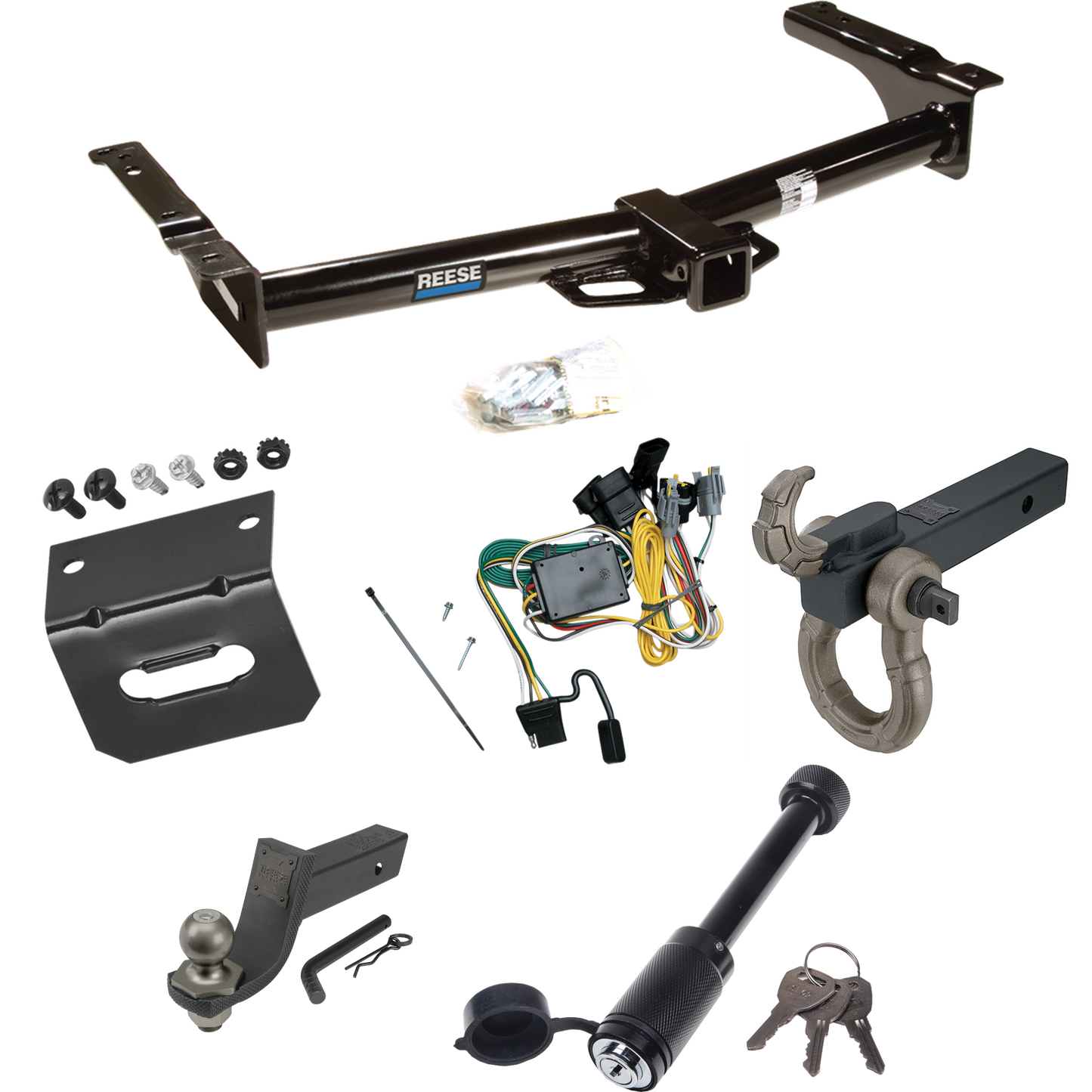 Fits 1992-1994 Ford E-150 Econoline Trailer Hitch Tow PKG w/ 4-Flat Wiring + Interlock Tactical Starter Kit w/ 3-1/4" Drop & 2" Ball + Tactical Hook & Shackle Mount + Tactical Dogbone Lock + Wiring Bracket By Reese Towpower