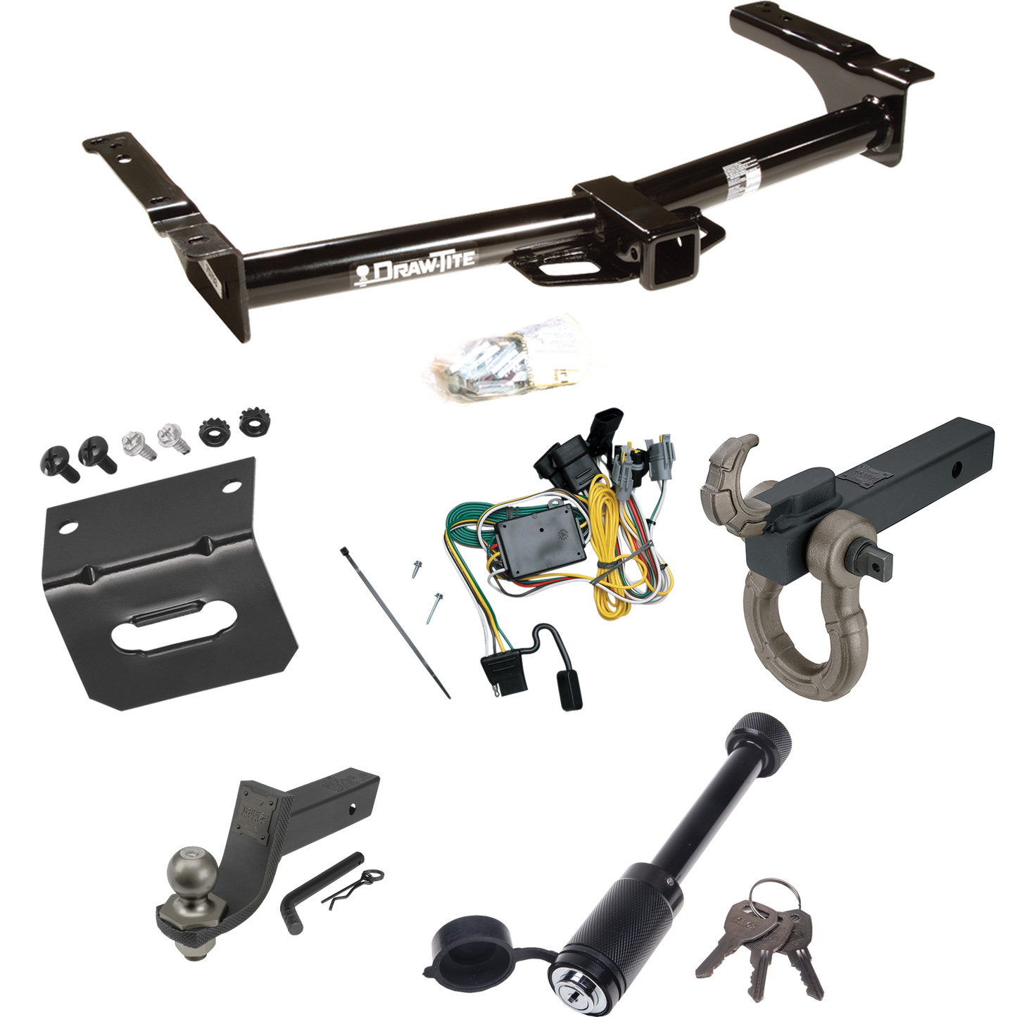 Fits 1992-1994 Ford E-350 Econoline Trailer Hitch Tow PKG w/ 4-Flat Wiring + Interlock Tactical Starter Kit w/ 3-1/4" Drop & 2" Ball + Tactical Hook & Shackle Mount + Tactical Dogbone Lock + Wiring Bracket By Draw-Tite