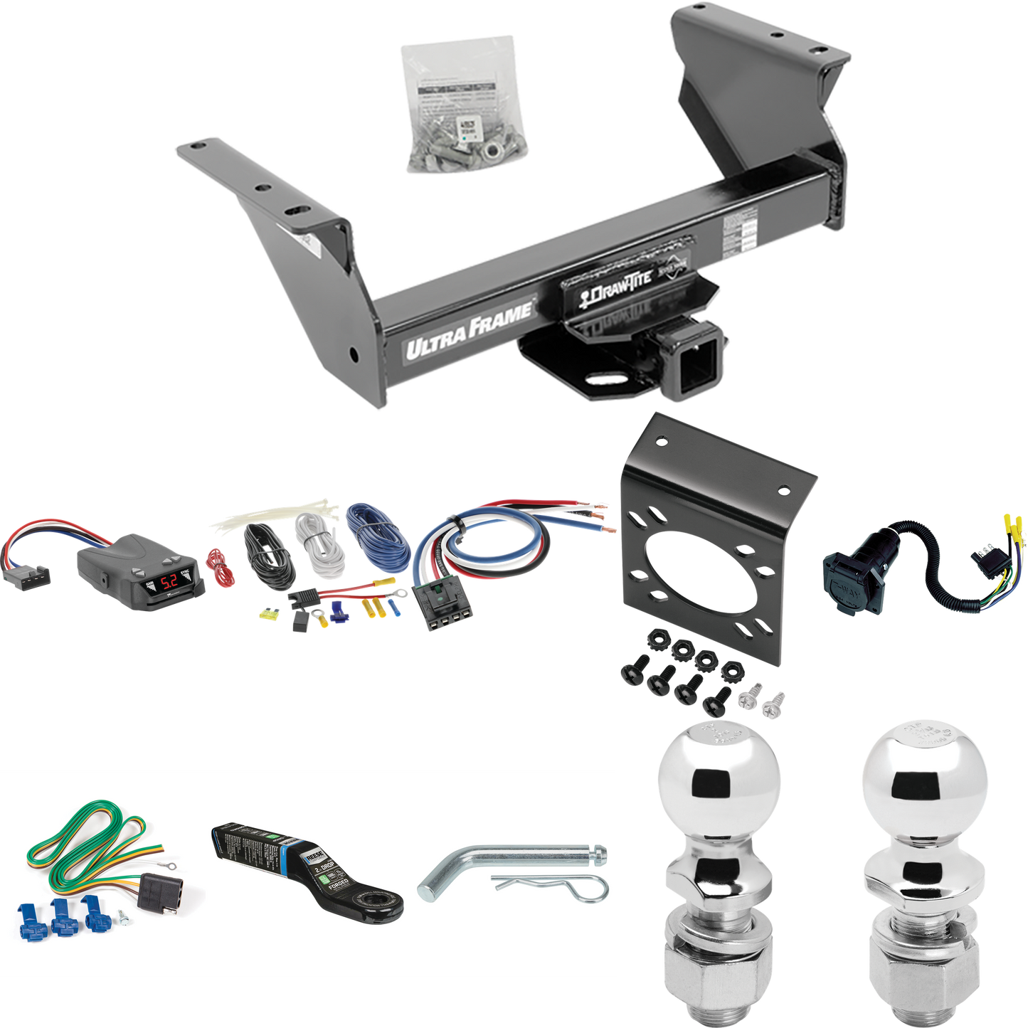 Fits 2013-2018 RAM 5500 Trailer Hitch Tow PKG w/ Tekonsha Brakeman IV Brake Control + Generic BC Wiring Adapter + 7-Way RV Wiring + 2" & 2-5/16" Ball & Drop Mount (For Cab & Chassis, w/34" Wide Frames Models) By Draw-Tite