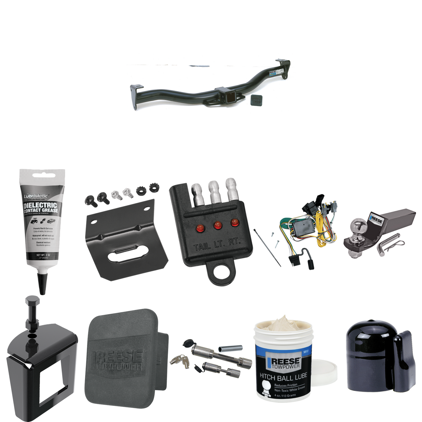 Fits 1992-1994 Ford E-150 Econoline Trailer Hitch Tow PKG w/ 4-Flat Wiring + Starter Kit Ball Mount w/ 2" Drop & 2" Ball + 1-7/8" Ball + Wiring Bracket + Dual Hitch & Coupler Locks + Hitch Cover + Wiring Tester + Ball Lube + Electric Grease + Ball Wr