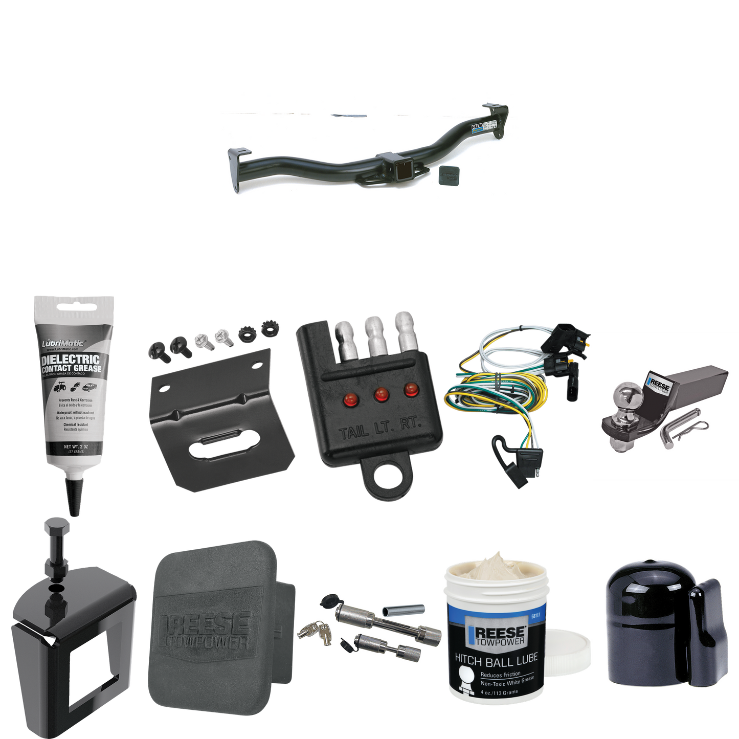 Fits 1995-2000 Ford E-350 Econoline Trailer Hitch Tow PKG w/ 4-Flat Wiring + Starter Kit Ball Mount w/ 2" Drop & 2" Ball + 1-7/8" Ball + Wiring Bracket + Dual Hitch & Coupler Locks + Hitch Cover + Wiring Tester + Ball Lube + Electric Grease + Ball Wr