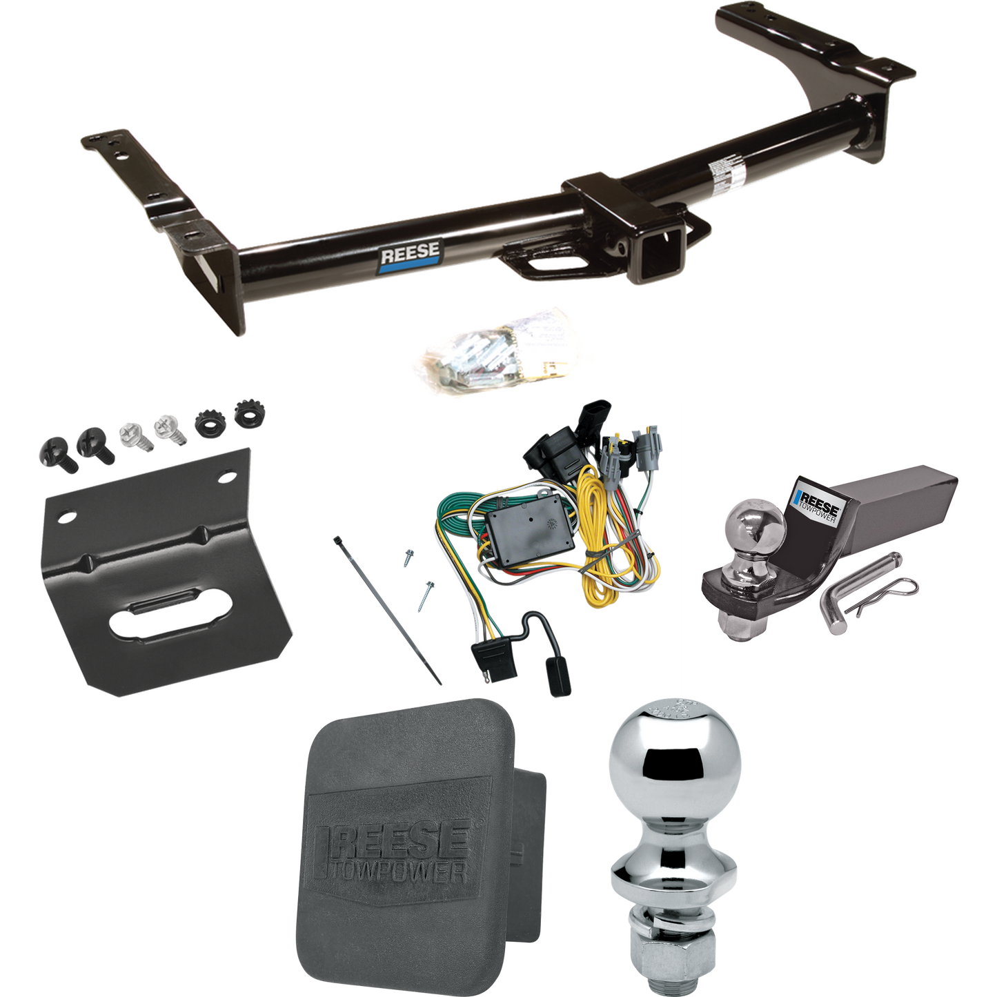 Fits 1992-1994 Ford E-250 Econoline Trailer Hitch Tow PKG w/ 4-Flat Wiring + Starter Kit Ball Mount w/ 2" Drop & 2" Ball + 1-7/8" Ball + Wiring Bracket + Hitch Cover By Reese Towpower