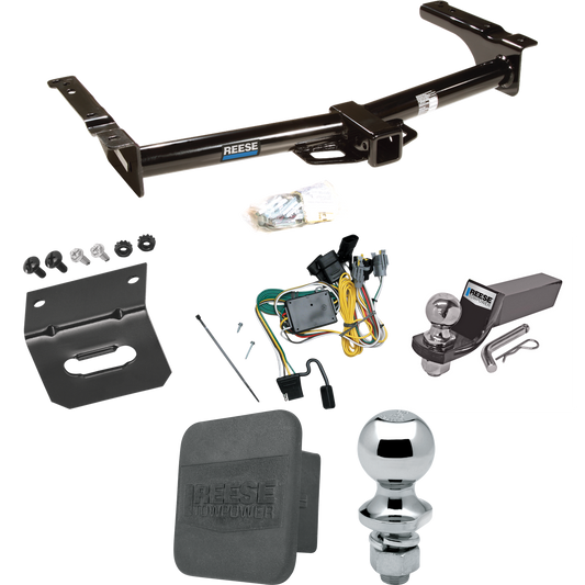 Fits 1992-1994 Ford E-250 Econoline Trailer Hitch Tow PKG w/ 4-Flat Wiring + Starter Kit Ball Mount w/ 2" Drop & 2" Ball + 1-7/8" Ball + Wiring Bracket + Hitch Cover By Reese Towpower