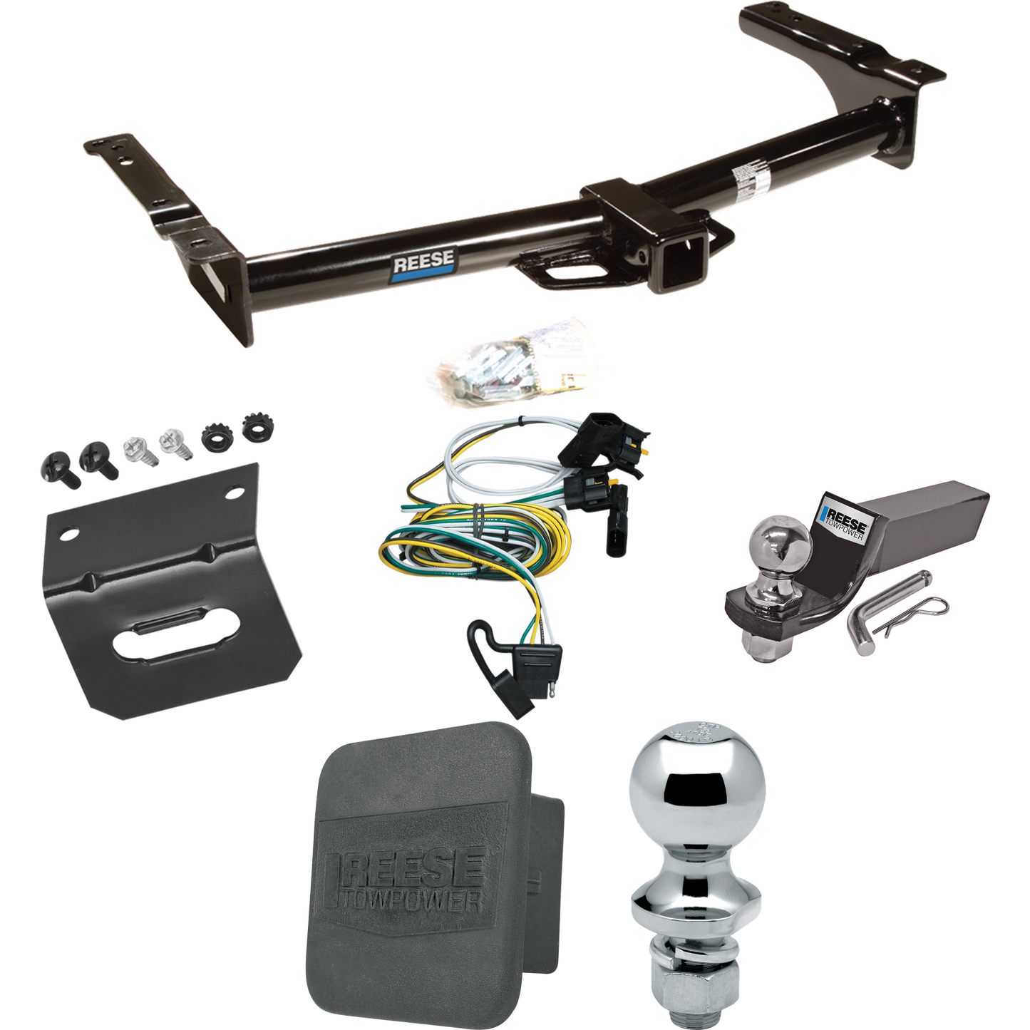 Fits 1995-2002 Ford E-350 Econoline Trailer Hitch Tow PKG w/ 4-Flat Wiring + Starter Kit Ball Mount w/ 2" Drop & 2" Ball + 1-7/8" Ball + Wiring Bracket + Hitch Cover By Reese Towpower