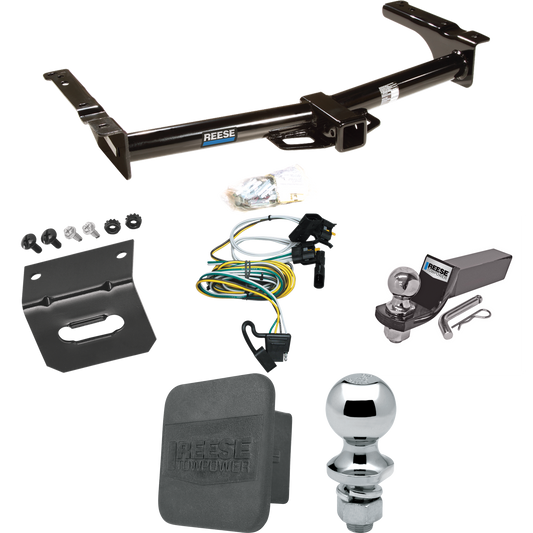 Fits 1995-2002 Ford E-350 Econoline Trailer Hitch Tow PKG w/ 4-Flat Wiring + Starter Kit Ball Mount w/ 2" Drop & 2" Ball + 1-7/8" Ball + Wiring Bracket + Hitch Cover By Reese Towpower