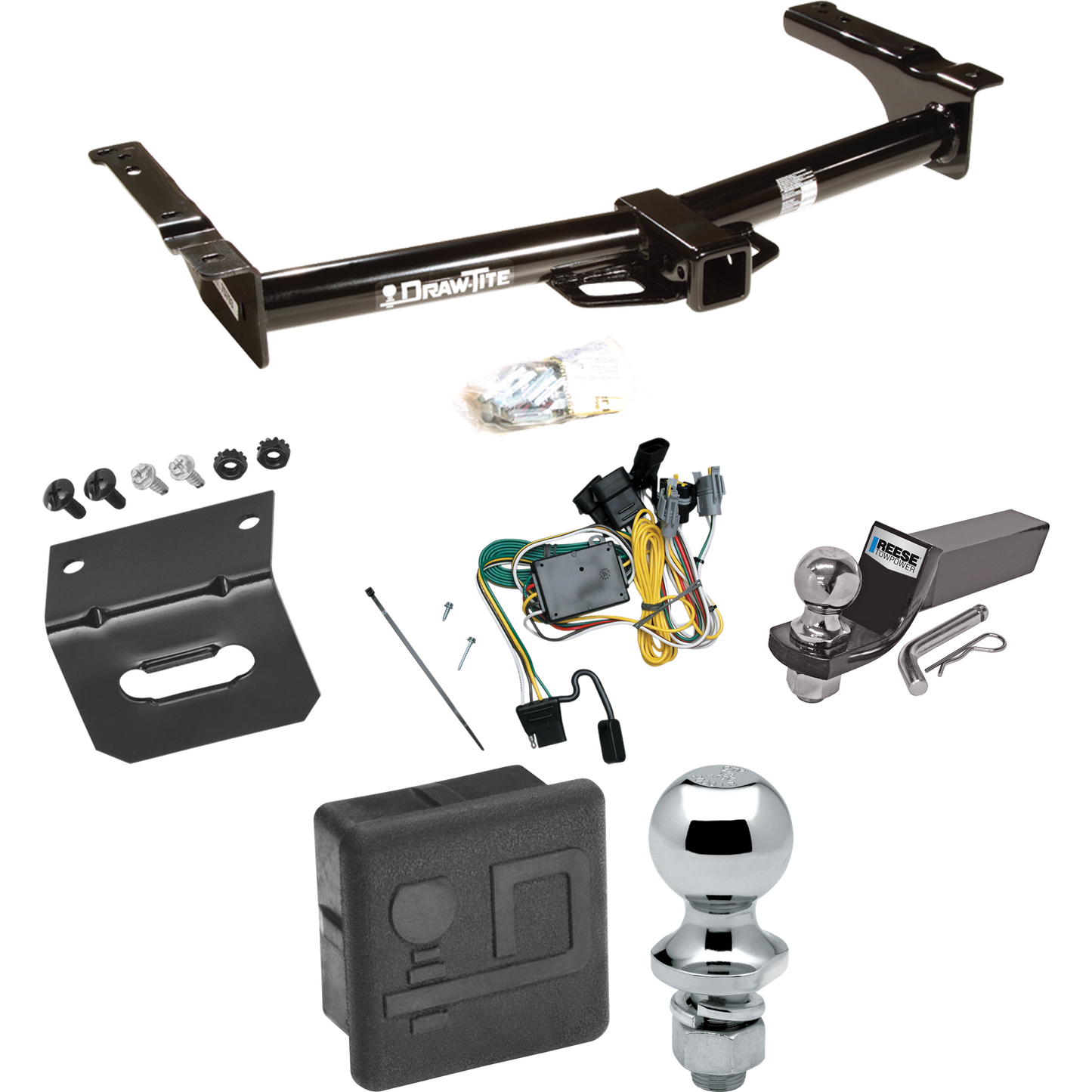 Se adapta al paquete de enganche de remolque Ford E-250 Econoline 1992-1994 con cableado plano de 4 + kit de montaje de bola de inicio con caída de 2" y bola de 2" + bola de 1-7/8" + soporte de cableado + cubierta de enganche por sorteo. tite