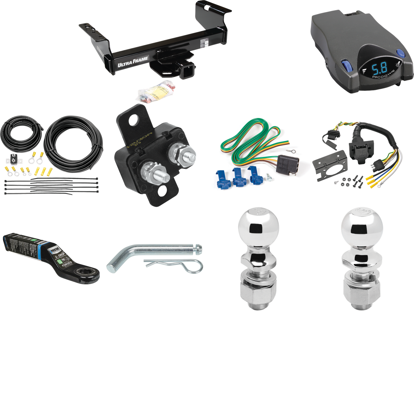 Fits 2011-2012 RAM 5500 Trailer Hitch Tow PKG w/ Tekonsha Prodigy P2 Brake Control + 7-Way RV Wiring + 2" & 2-5/16" Ball & Drop Mount (For Cab & Chassis, w/34" Wide Frames Models) By Draw-Tite