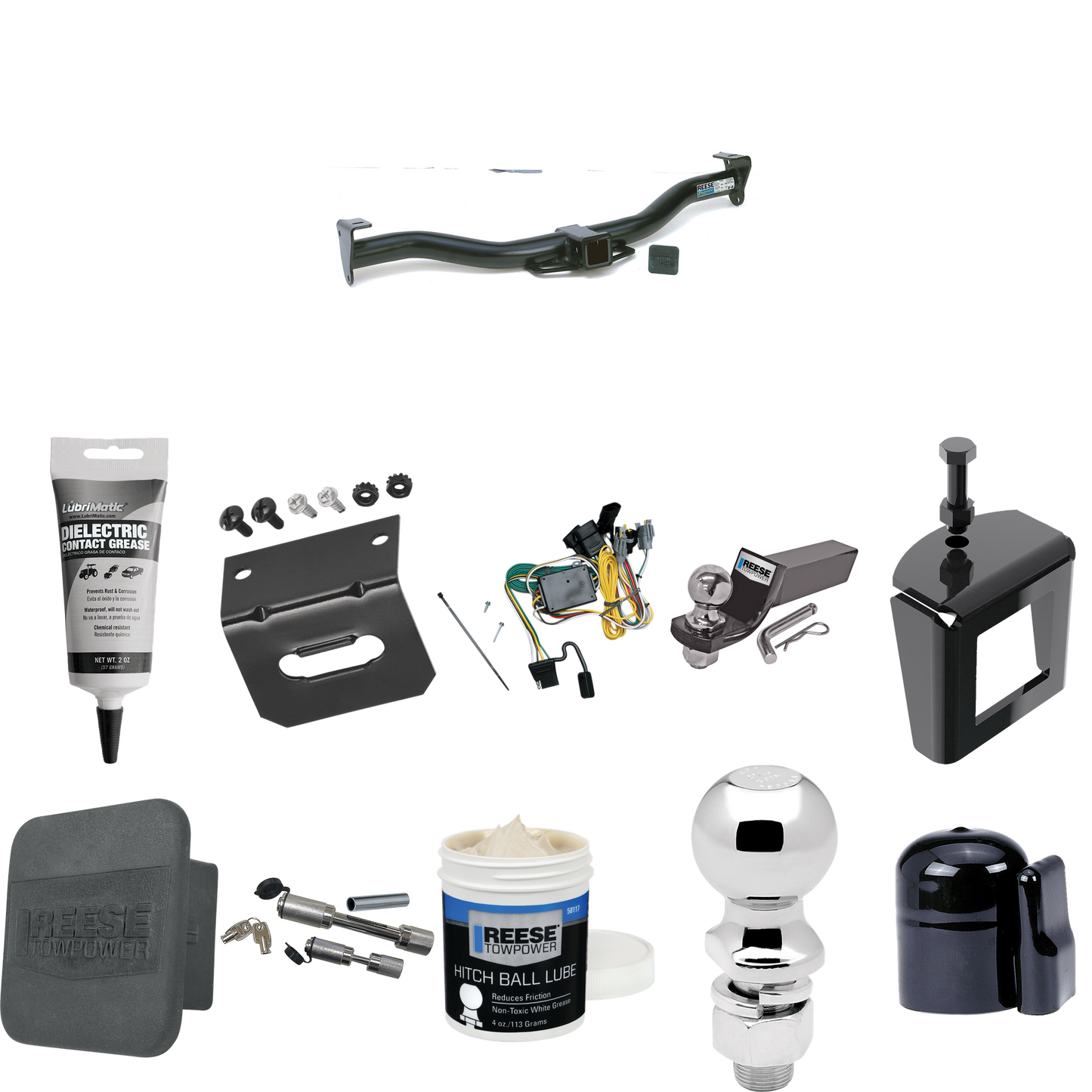 Fits 1992-1994 Ford E-150 Econoline Trailer Hitch Tow PKG w/ 4-Flat Wiring + Starter Kit Ball Mount w/ 2" Drop & 2" Ball + 2-5/16" Ball + Wiring Bracket + Dual Hitch & Coupler Locks + Hitch Cover + Wiring Tester + Ball Lube +Electric Grease + Ball Wr