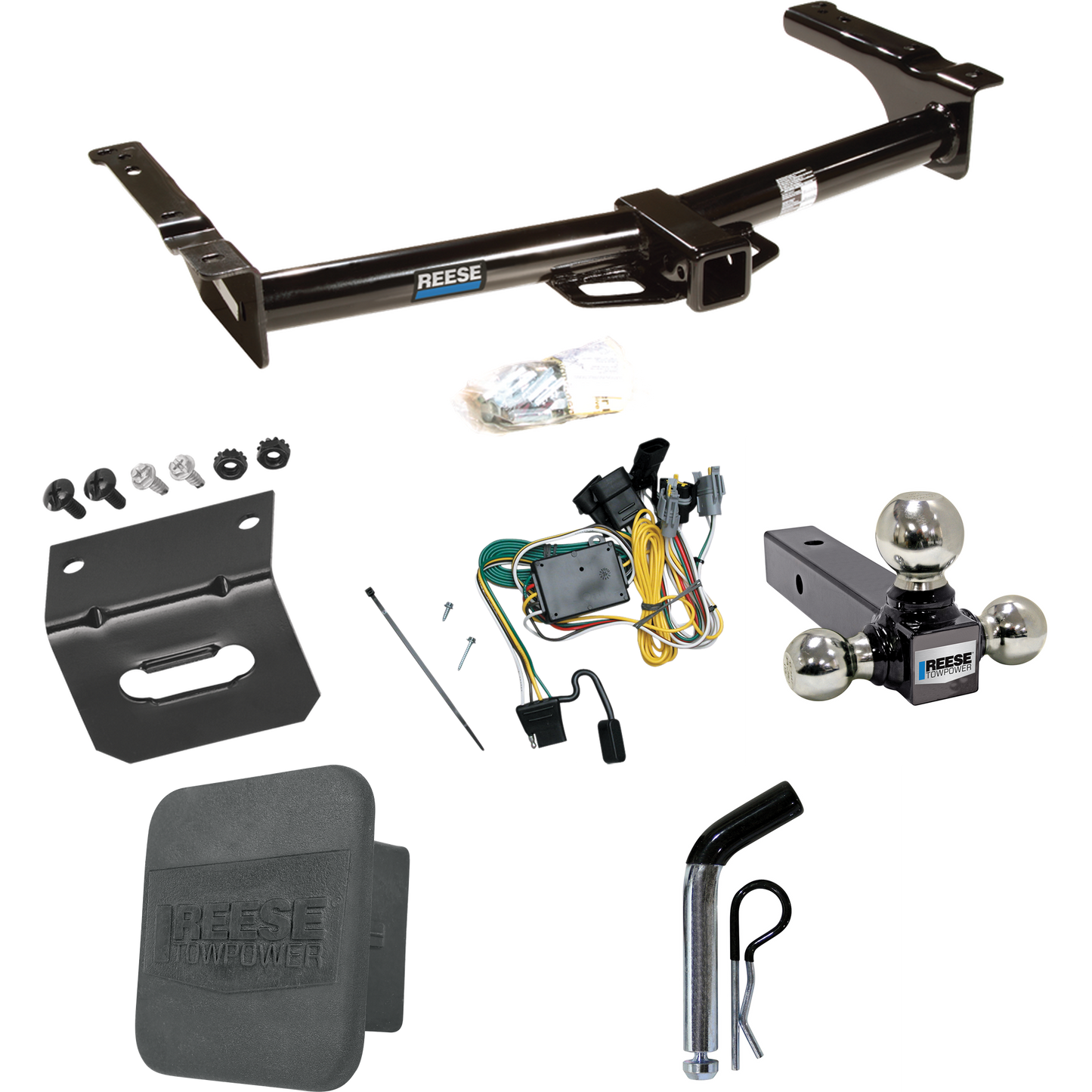 Fits 1992-1994 Ford E-250 Econoline Trailer Hitch Tow PKG w/ 4-Flat Wiring + Triple Ball Ball Mount 1-7/8" & 2" & 2-5/16" Trailer Balls + Pin/Clip + Wiring Bracket + Hitch Cover By Reese Towpower