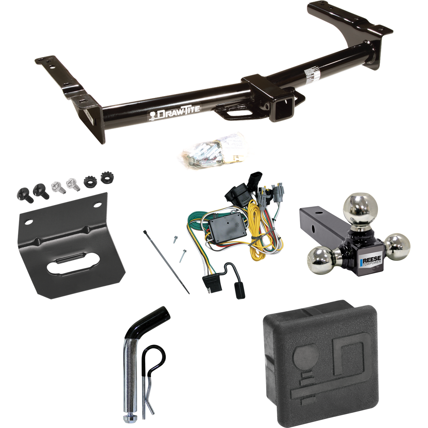 Fits 1992-1994 Ford E-250 Econoline Trailer Hitch Tow PKG w/ 4-Flat Wiring + Triple Ball Ball Mount 1-7/8" & 2" & 2-5/16" Trailer Balls + Pin/Clip + Wiring Bracket + Hitch Cover By Draw-Tite