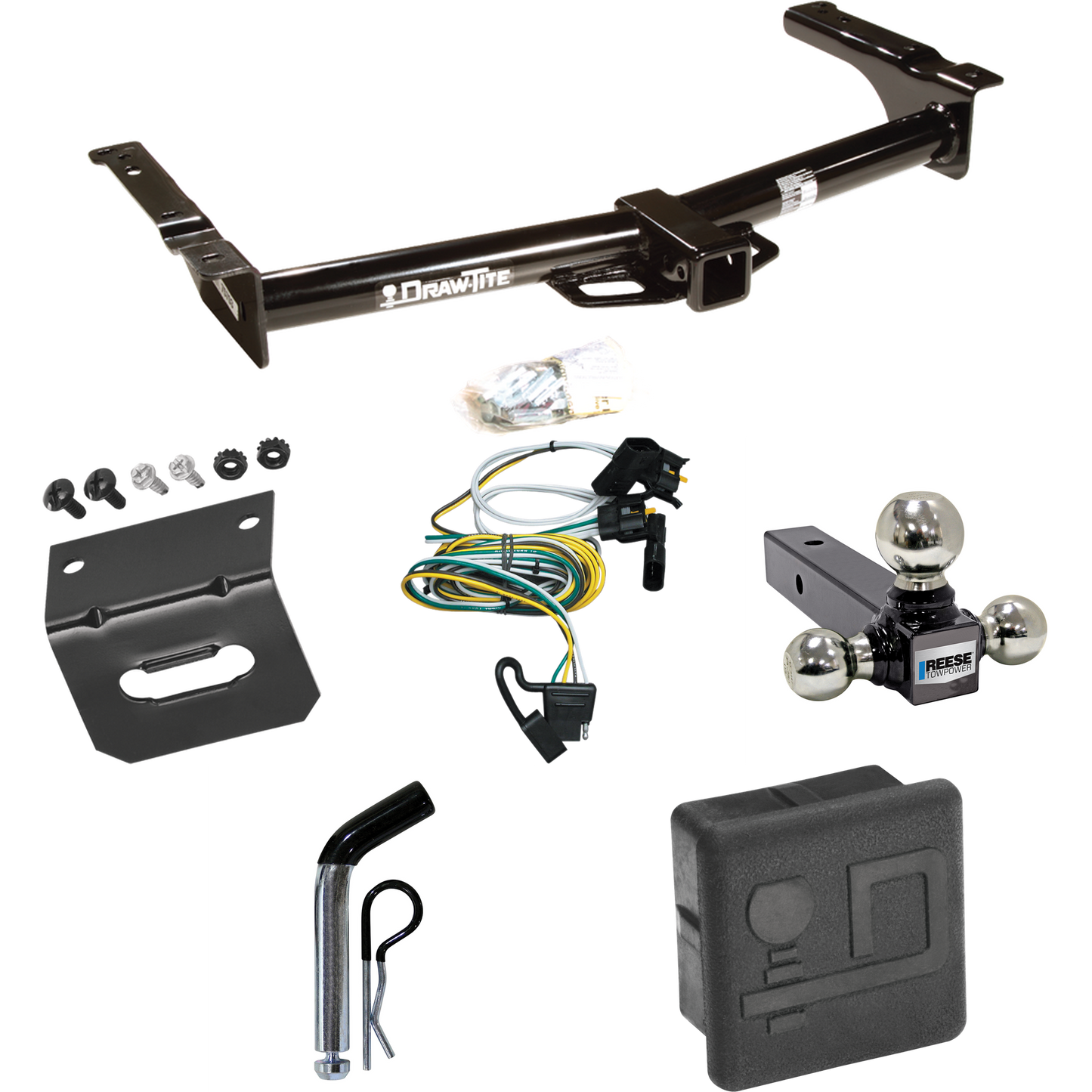 Se adapta al paquete de enganche de remolque Ford E-250 Econoline 1995-2002 con 4 cables planos + soporte de bola triple de bolas de remolque de 1-7/8" y 2" y 2-5/16" + pasador/clip + soporte de cableado + Cubierta de enganche de Draw-Tite