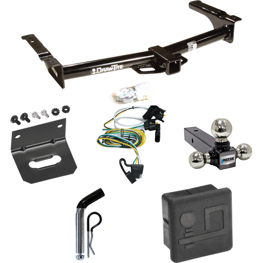 Se adapta al paquete de enganche de remolque Ford E-250 Econoline 1995-2002 con 4 cables planos + soporte de bola triple de bolas de remolque de 1-7/8" y 2" y 2-5/16" + pasador/clip + soporte de cableado + Cubierta de enganche de Draw-Tite