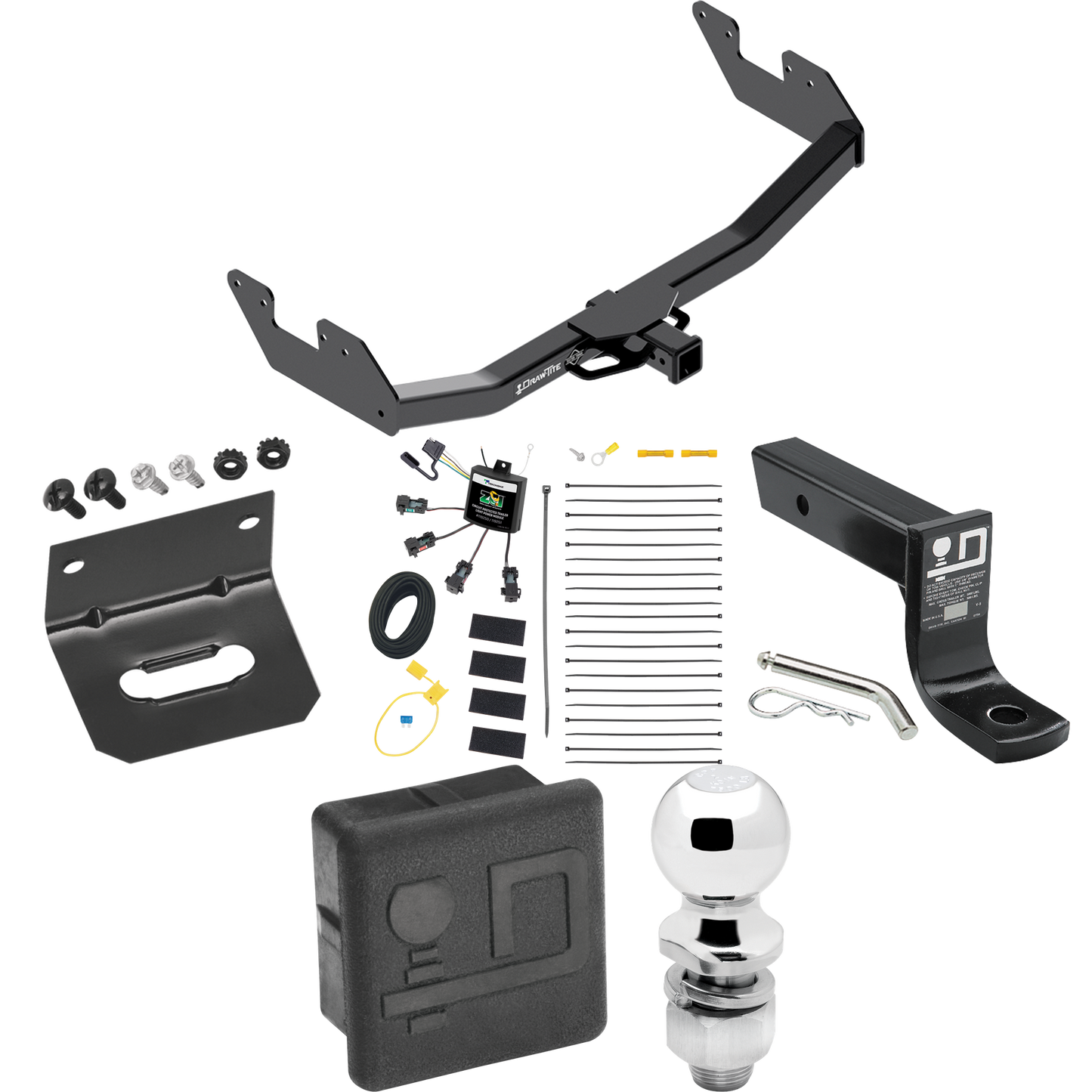 Se adapta al paquete de enganche de remolque Toyota Hilux 2016-2023 con cableado "sin empalme" de 4 contactos planos cero + soporte de bola con caída de 4" + bola de 2" + soporte de cableado + cubierta de enganche de Draw-Tite