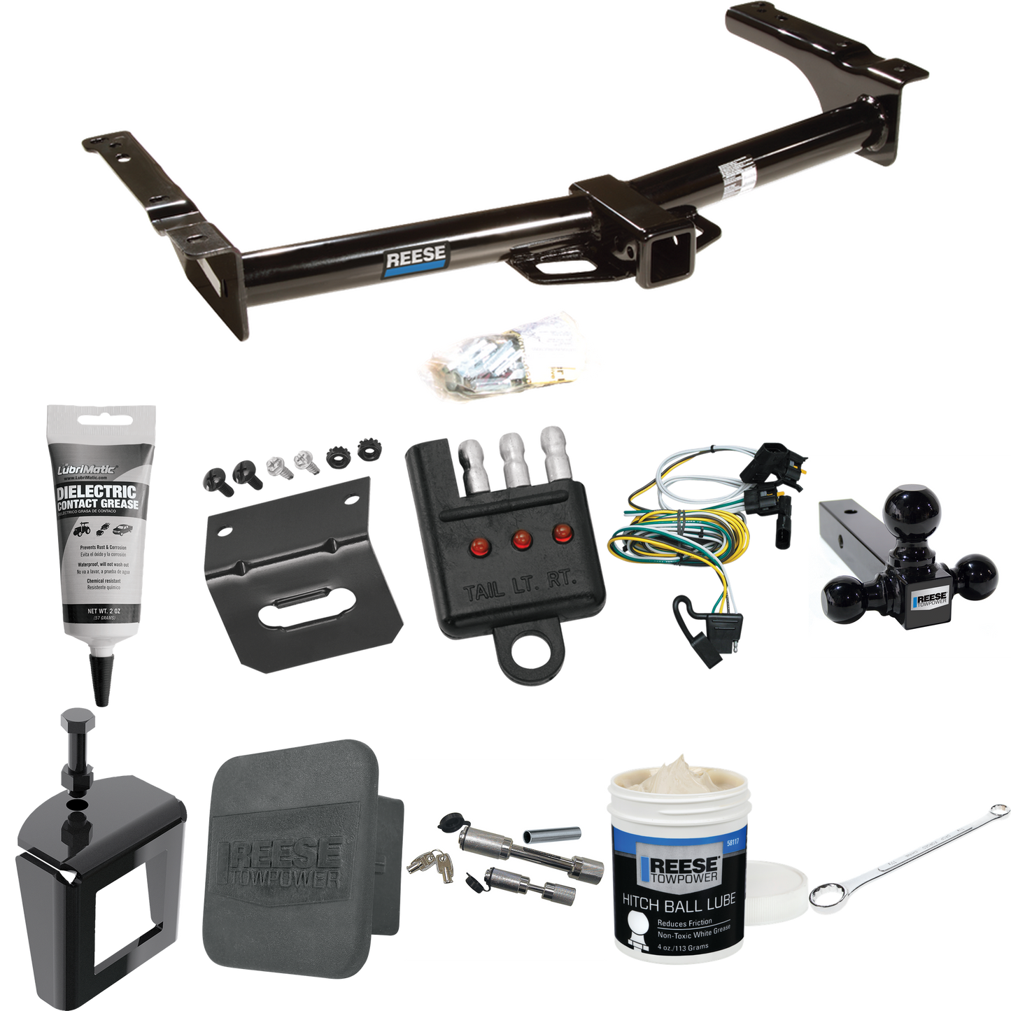 Fits 1995-2002 Ford E-150 Econoline Trailer Hitch Tow PKG w/ 4-Flat Wiring + Triple Ball Ball Mount 1-7/8" & 2" & 2-5/16" Trailer Balls + Wiring Bracket + Hitch Cover + Dual Hitch & Coupler Locks + Wiring Tester + Ball Lube + Electric Grease + Ball W