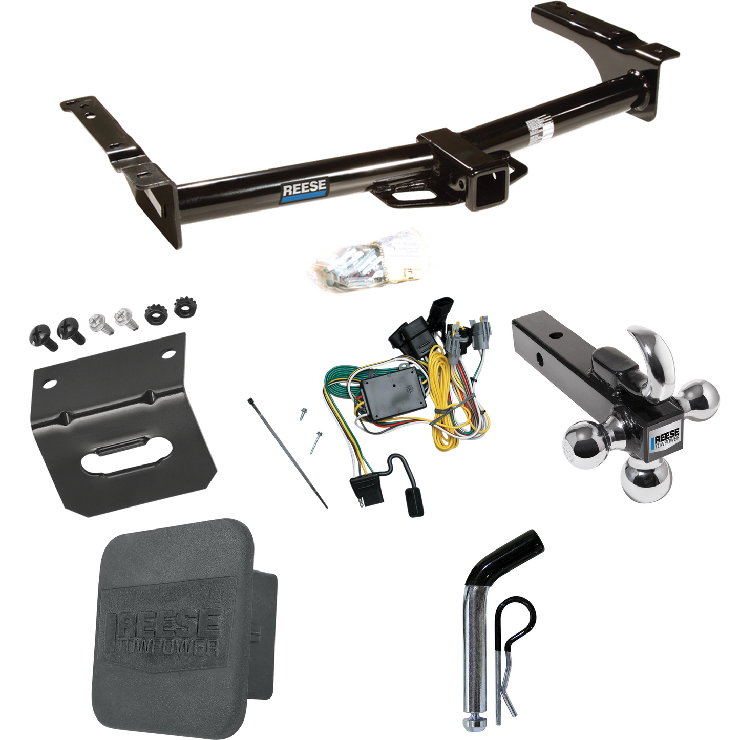 Se adapta al paquete de enganche de remolque Ford E-150 Econoline 1992-1994 con 4 cables planos + soporte de bola triple de 1-7/8" y 2" y 2-5/16" con gancho de remolque + pasador/clip + Soporte de cableado + Cubierta de enganche de Reese Towpower