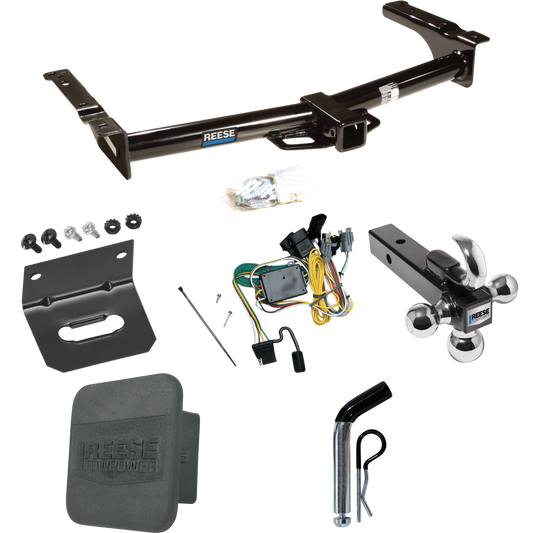 Se adapta al paquete de enganche de remolque Ford E-150 Econoline 1992-1994 con 4 cables planos + soporte de bola triple de 1-7/8" y 2" y 2-5/16" con gancho de remolque + pasador/clip + Soporte de cableado + Cubierta de enganche de Reese Towpower