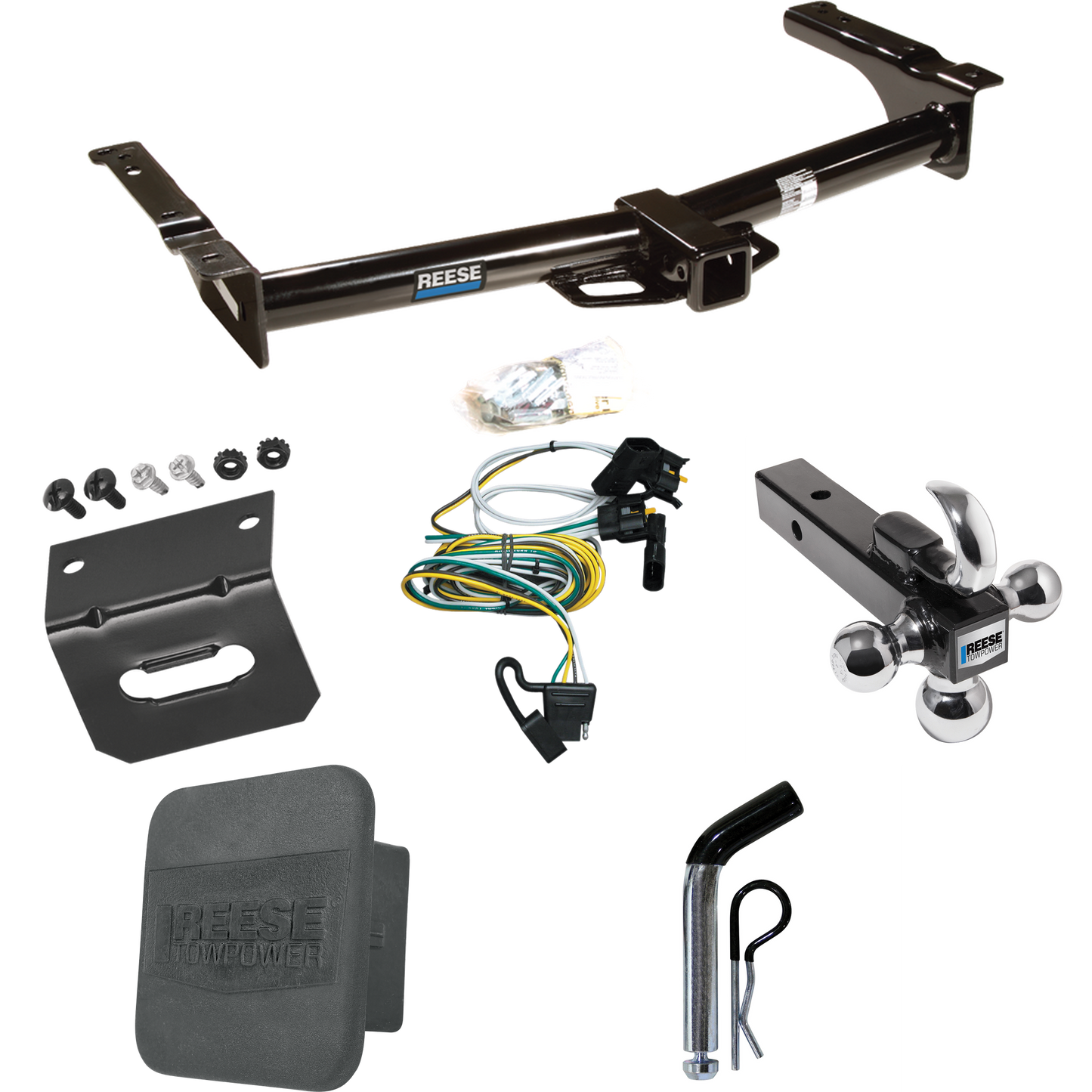 Fits 1995-2002 Ford E-150 Econoline Trailer Hitch Tow PKG w/ 4-Flat Wiring + Triple Ball Ball Mount 1-7/8" & 2" & 2-5/16" Trailer Balls w/ Tow Hook + Pin/Clip + Wiring Bracket + Hitch Cover By Reese Towpower